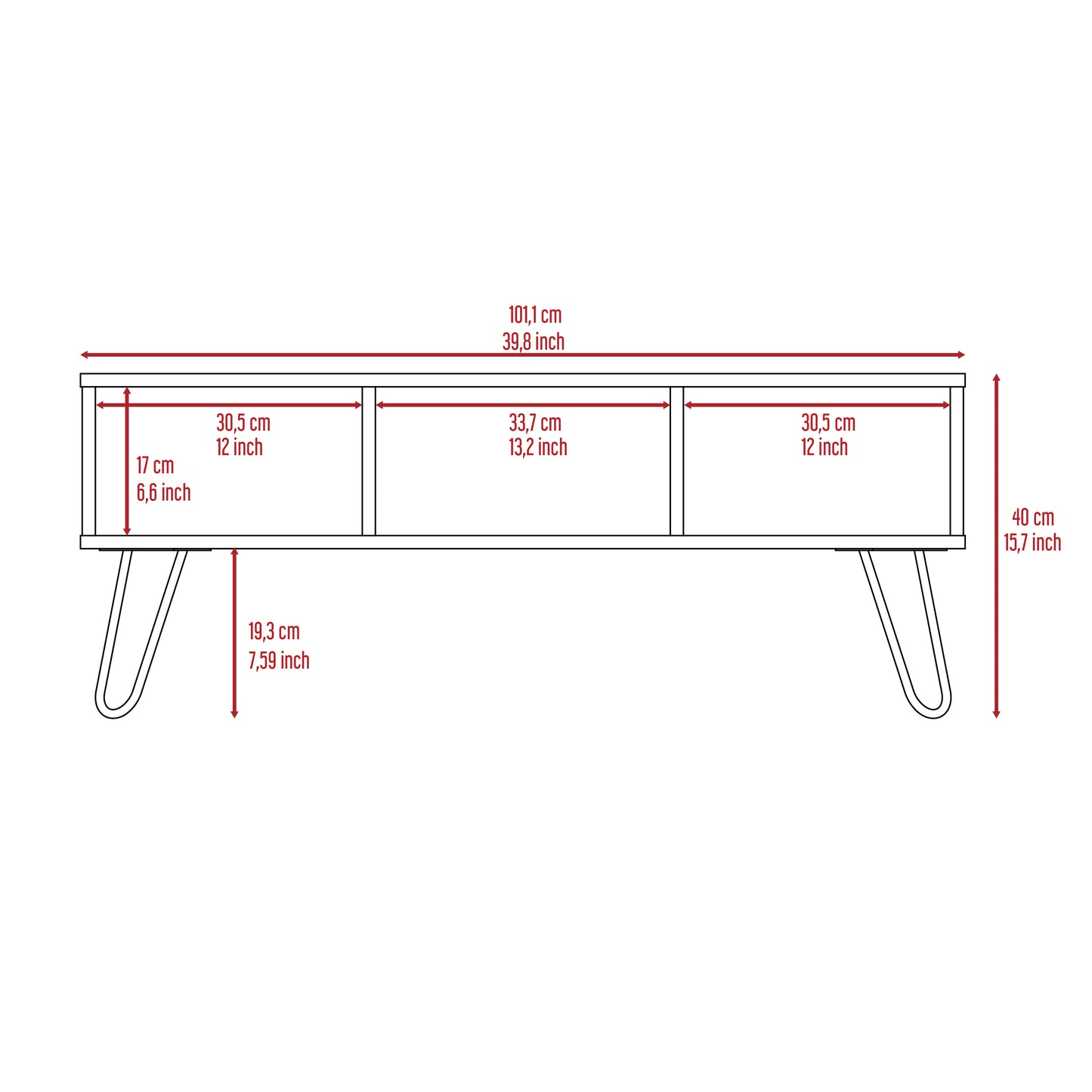 Modern TV stand with metal hairpin legs and three compartments cm wide