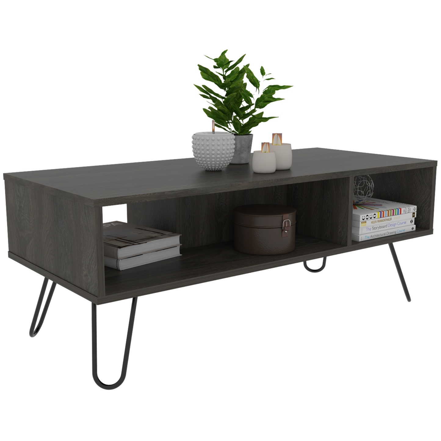 Dark gray wood TV stand with open shelving and hairpin legs ideal for modern living rooms
