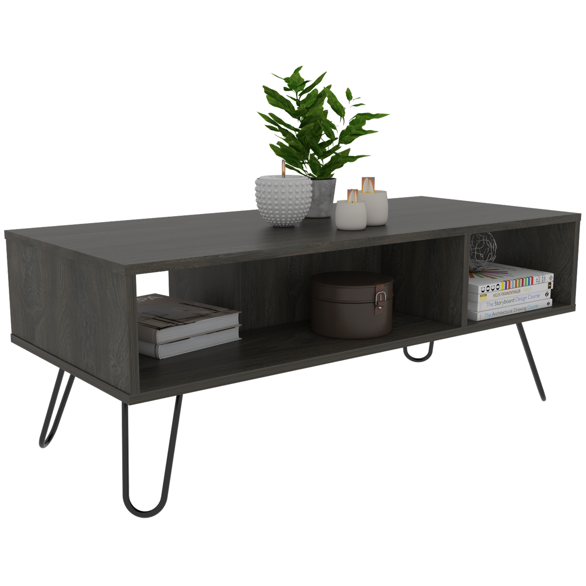 Dark gray wood TV stand with open shelving and hairpin legs ideal for modern living rooms