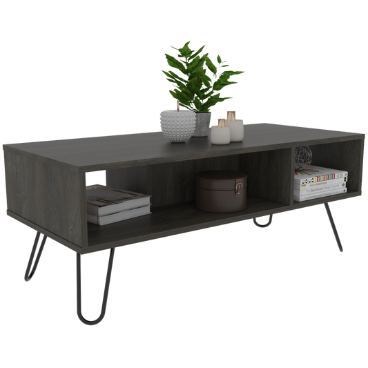Dark gray wood TV stand with open shelving and hairpin legs ideal for modern living rooms