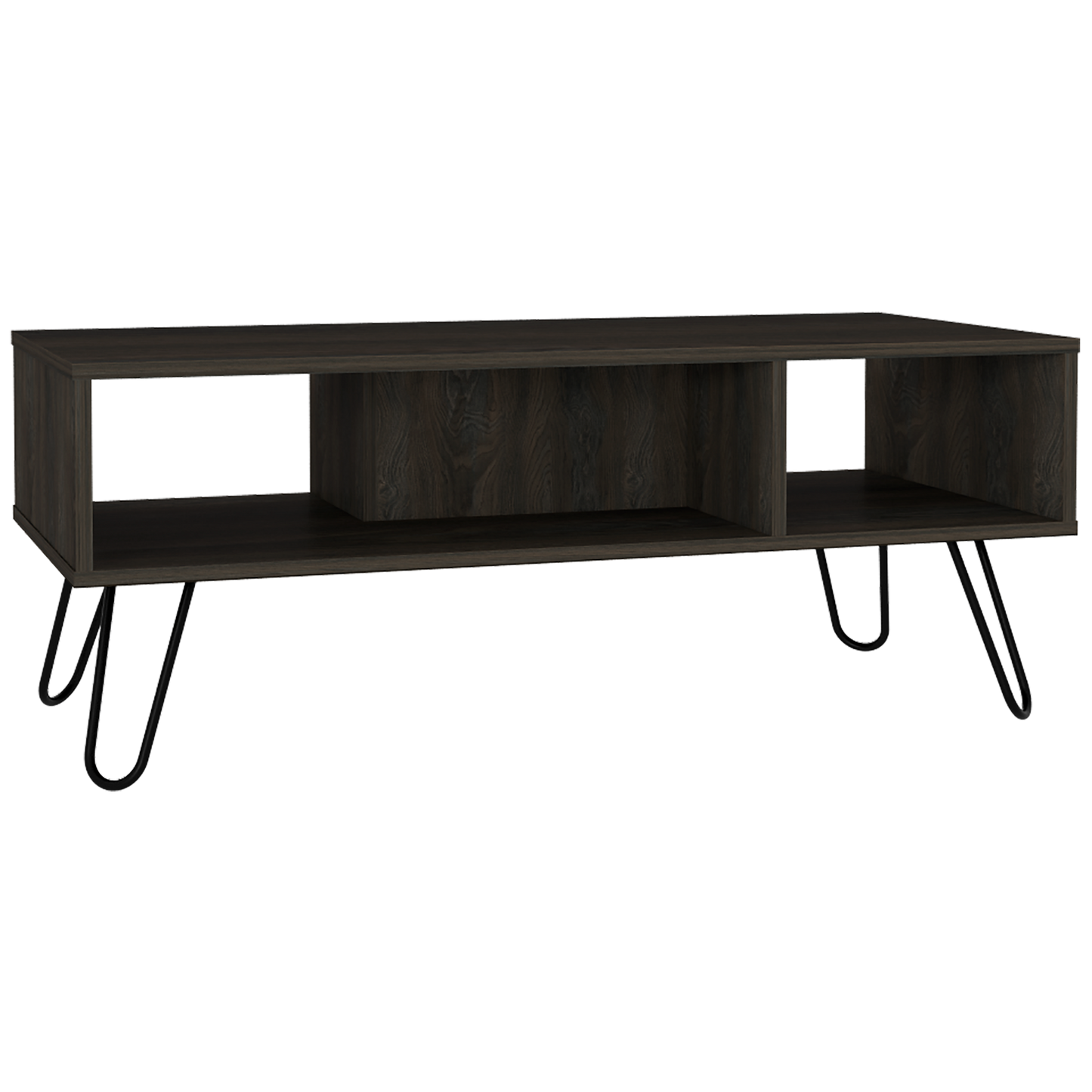 Dark wood media console with open shelves and hairpin legs for modern living room