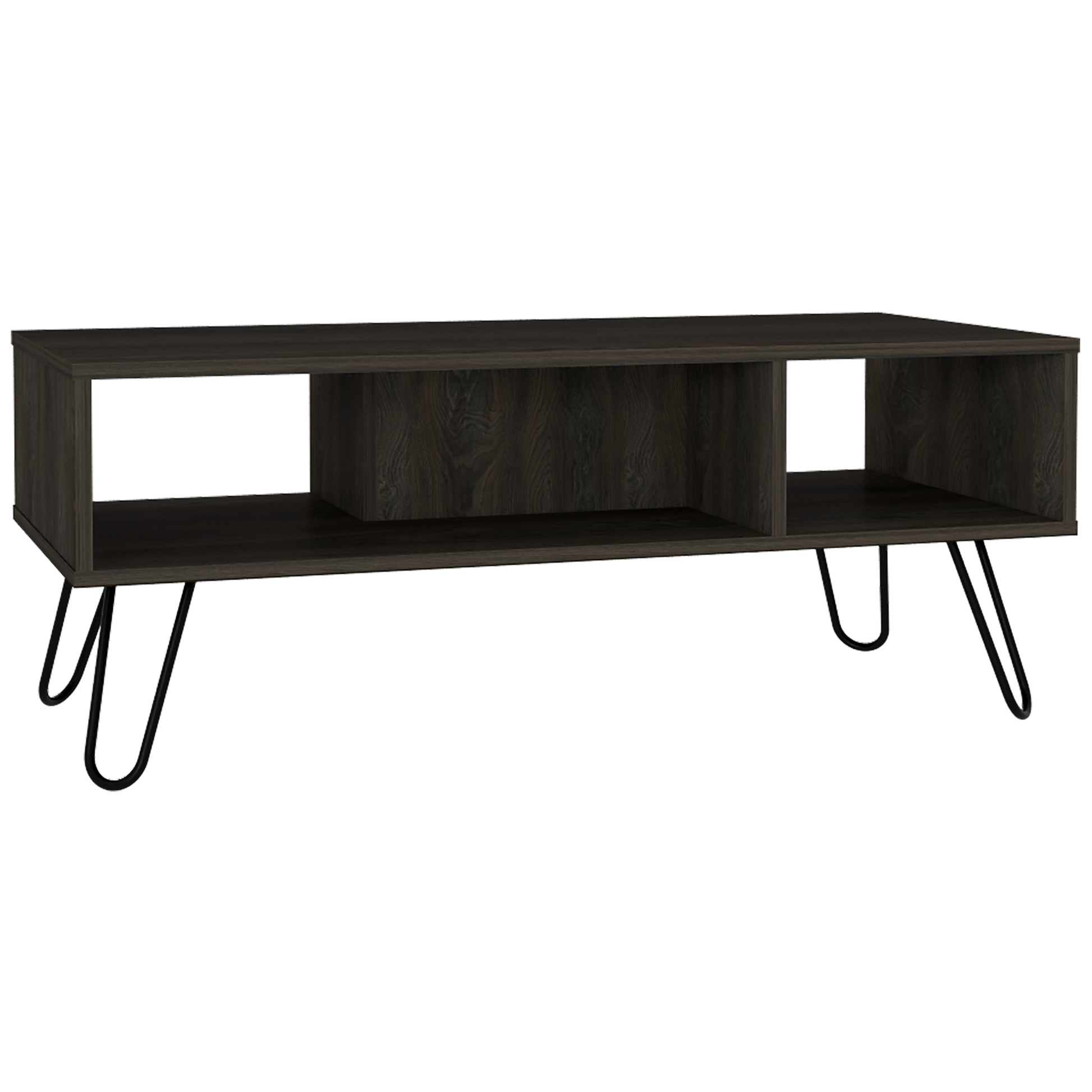 Dark wood media console with open shelves and hairpin legs for modern living room