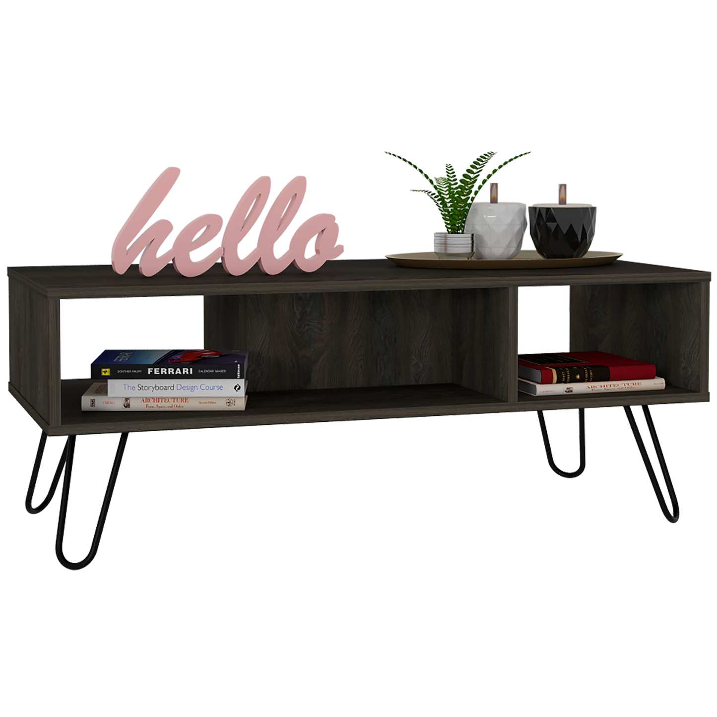 Dark wood media console with hairpin legs and open shelving for media