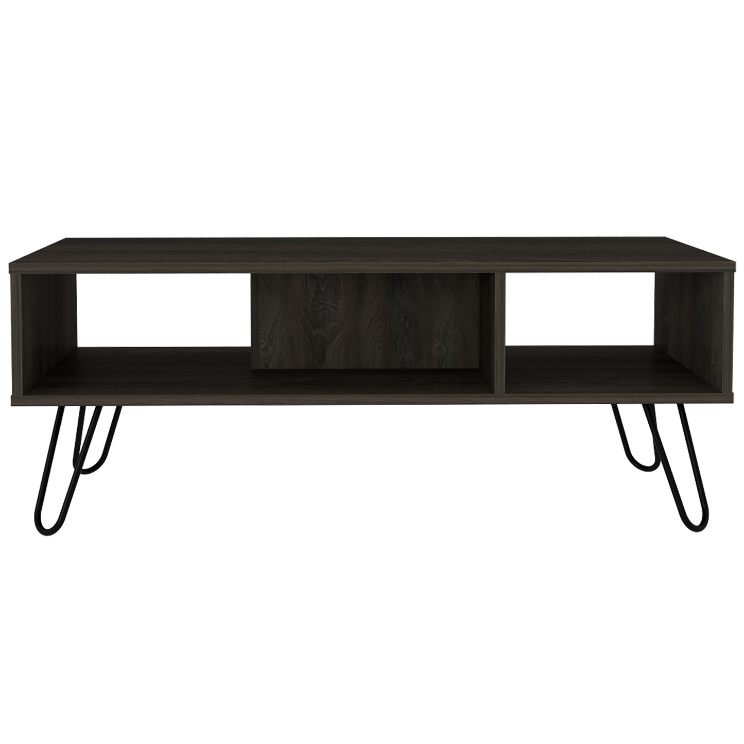 Dark wood TV stand with open shelves and hairpin legs