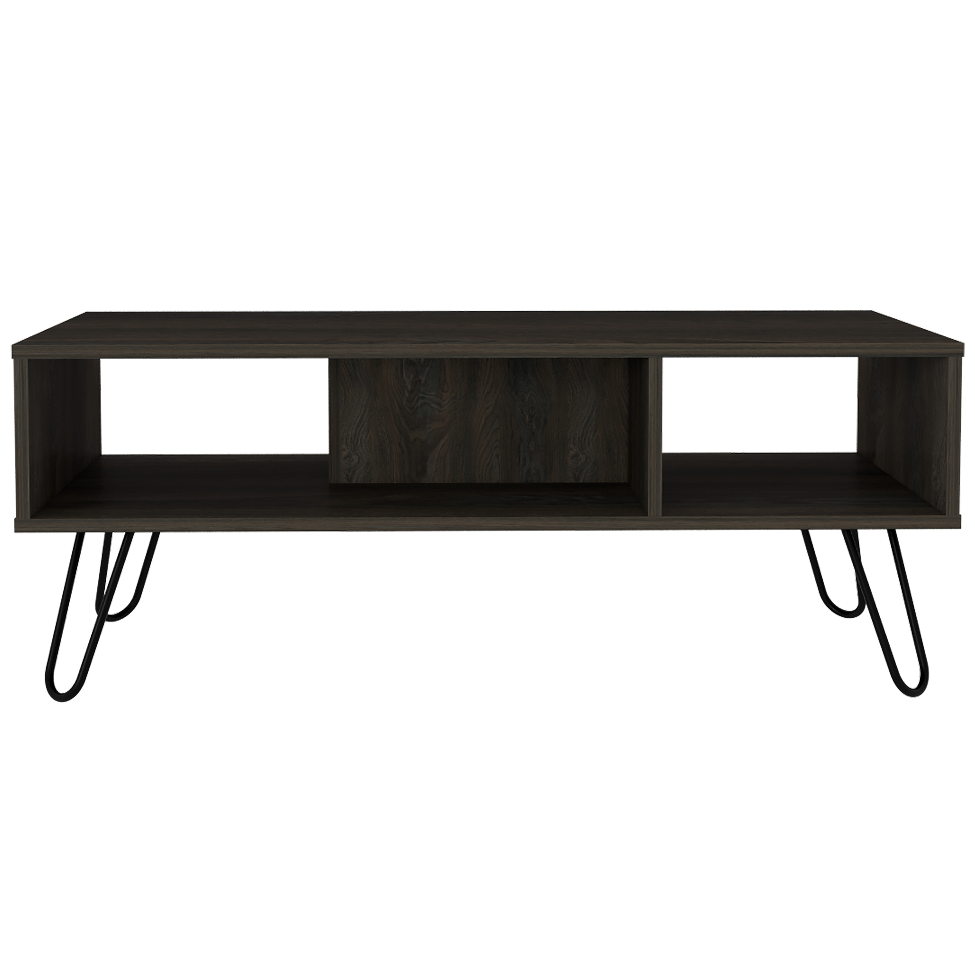 Dark wood TV stand with open shelves and hairpin legs