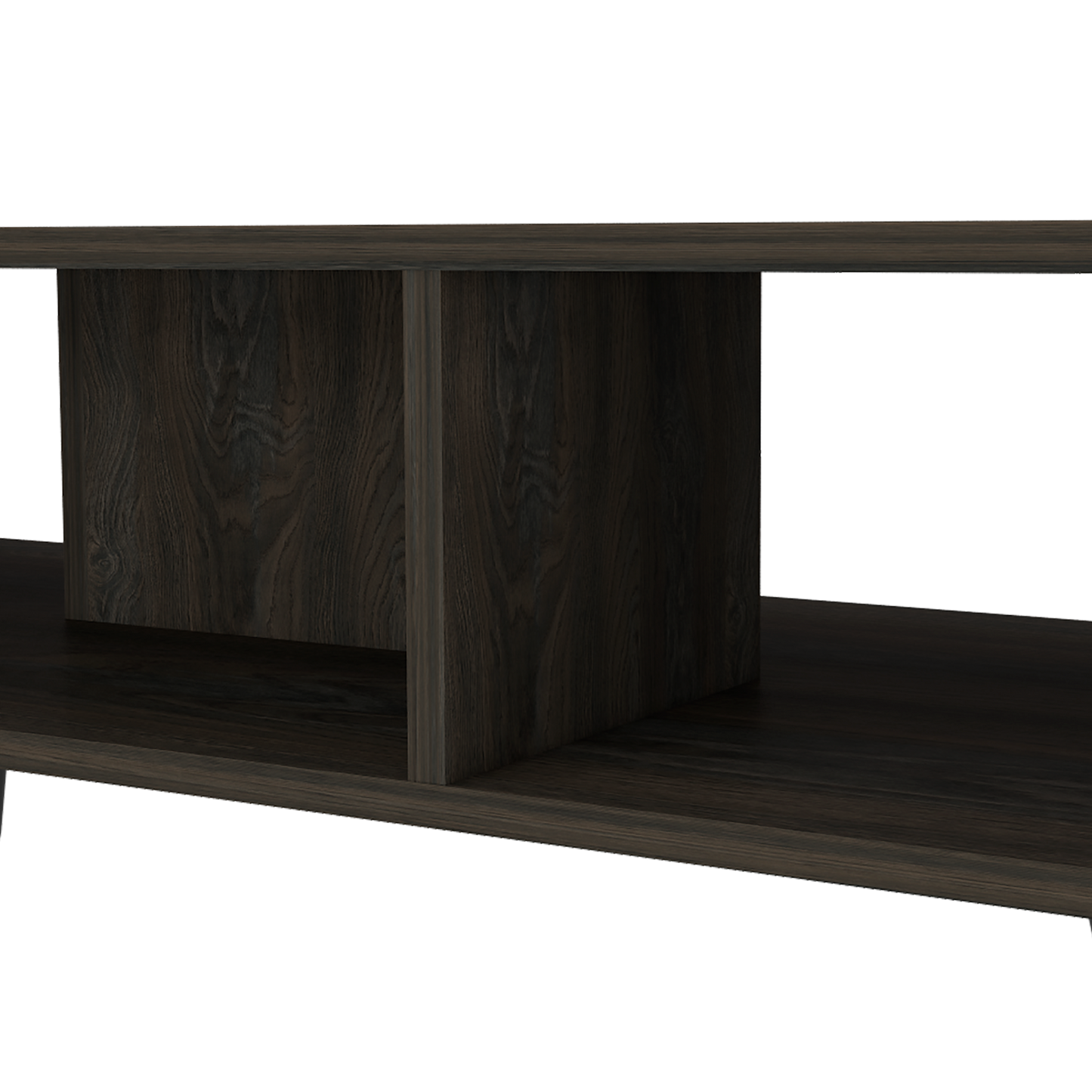 Dark wood grain media console with open shelving and clean lines
