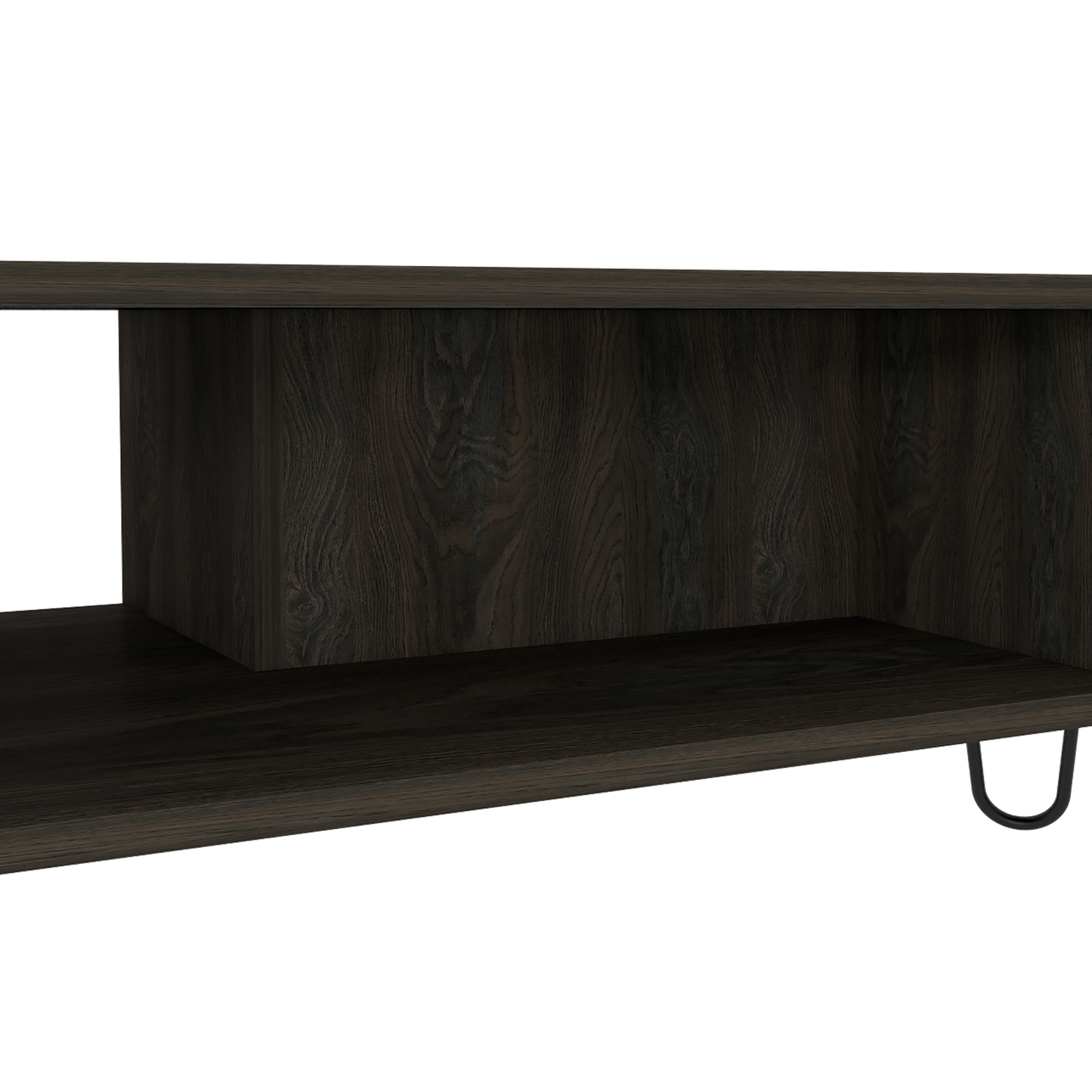 Dark wood shelf unit with one open compartment and metal hairpin legs ideal for modern living rooms