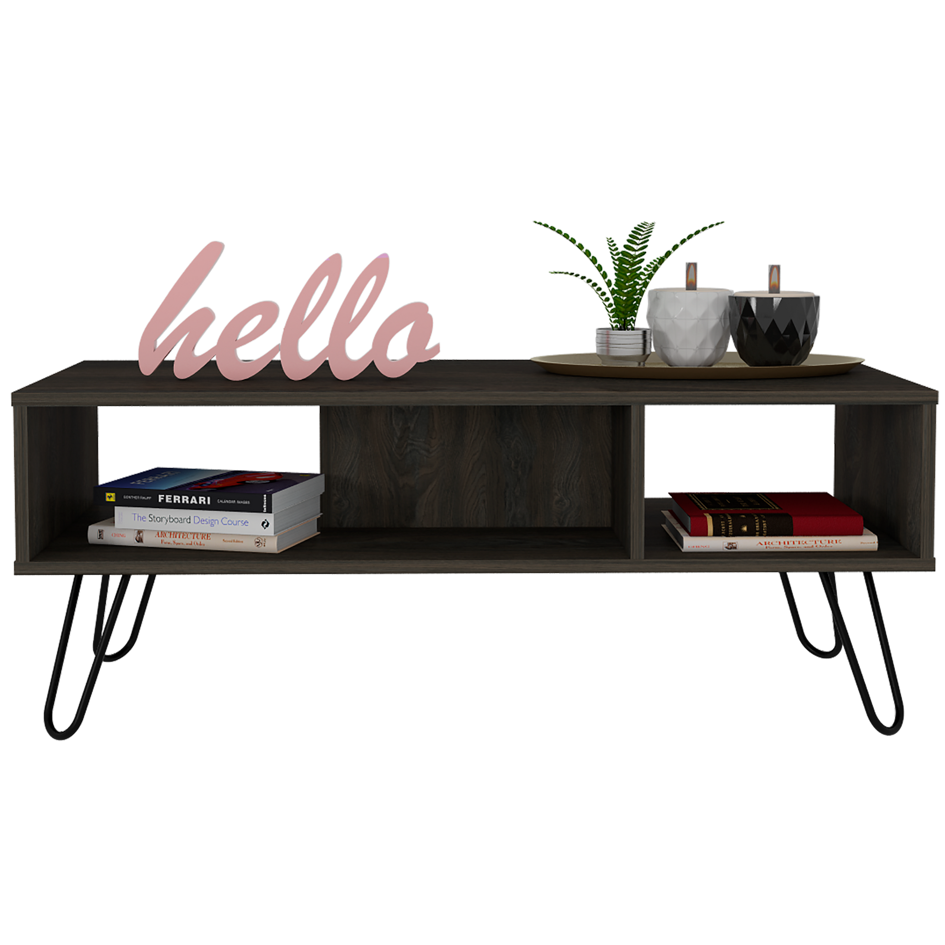 Dark wood entertainment center with hairpin legs holding decorative items and books