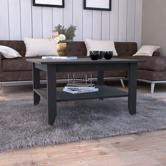 Dark grey square coffee table with two tiers perfect for living rooms
