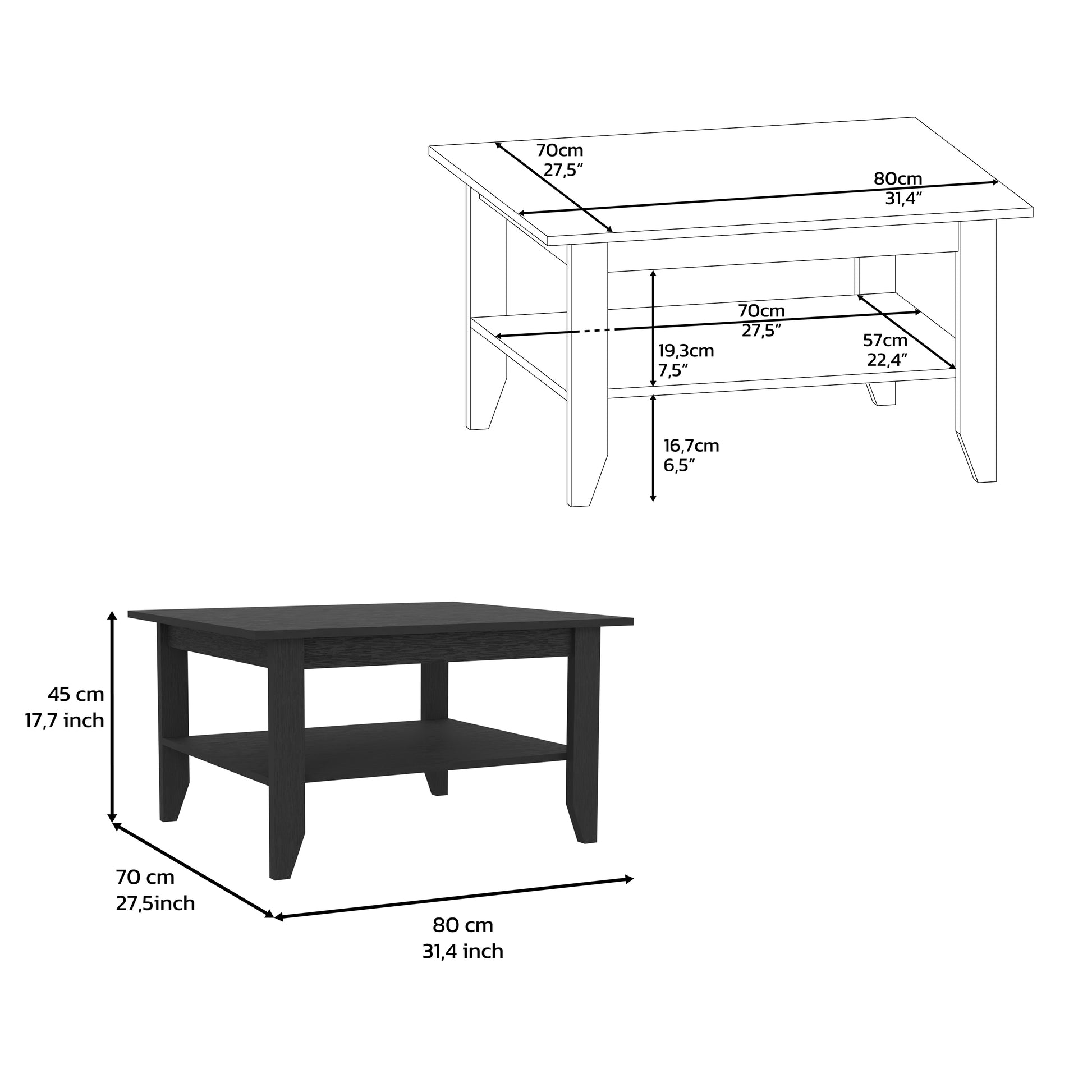 Black rectangular coffee table with lower shelf cm width