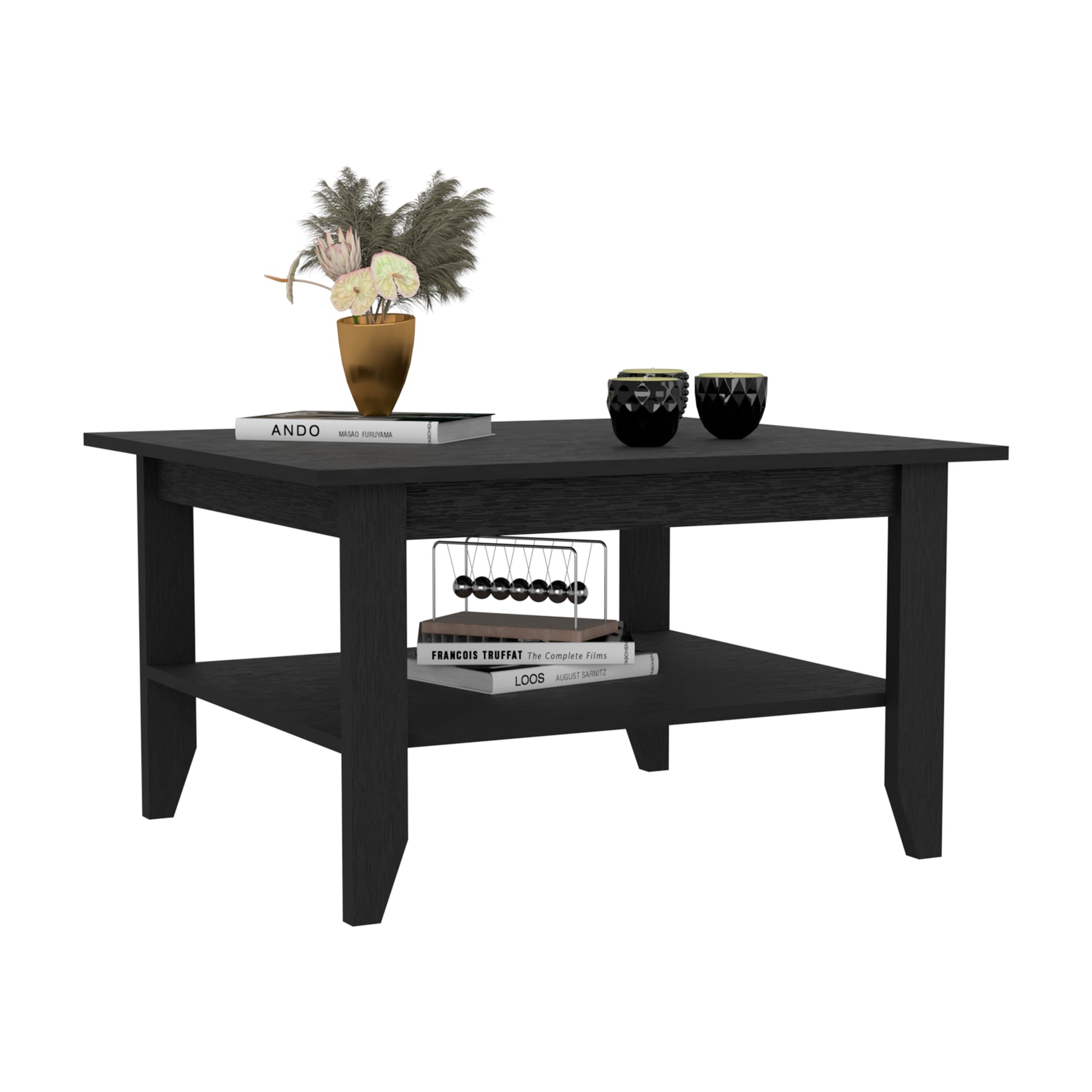 Black wood coffee table with two shelves a golden vase with dried flowers and decorative black bowls