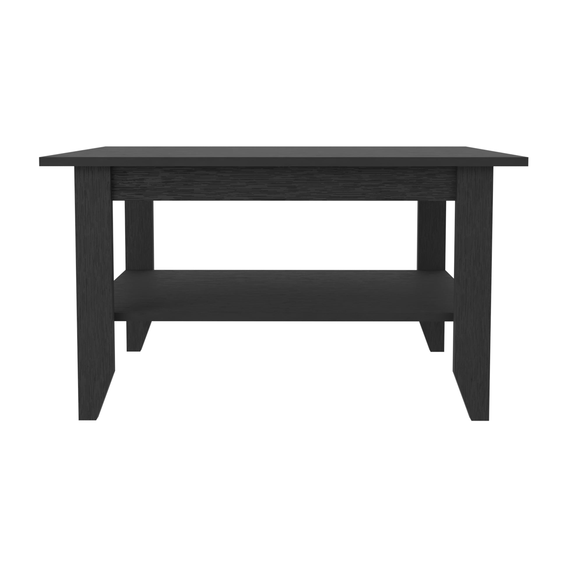 Modern black wood coffee table with a lower shelf for storage and display
