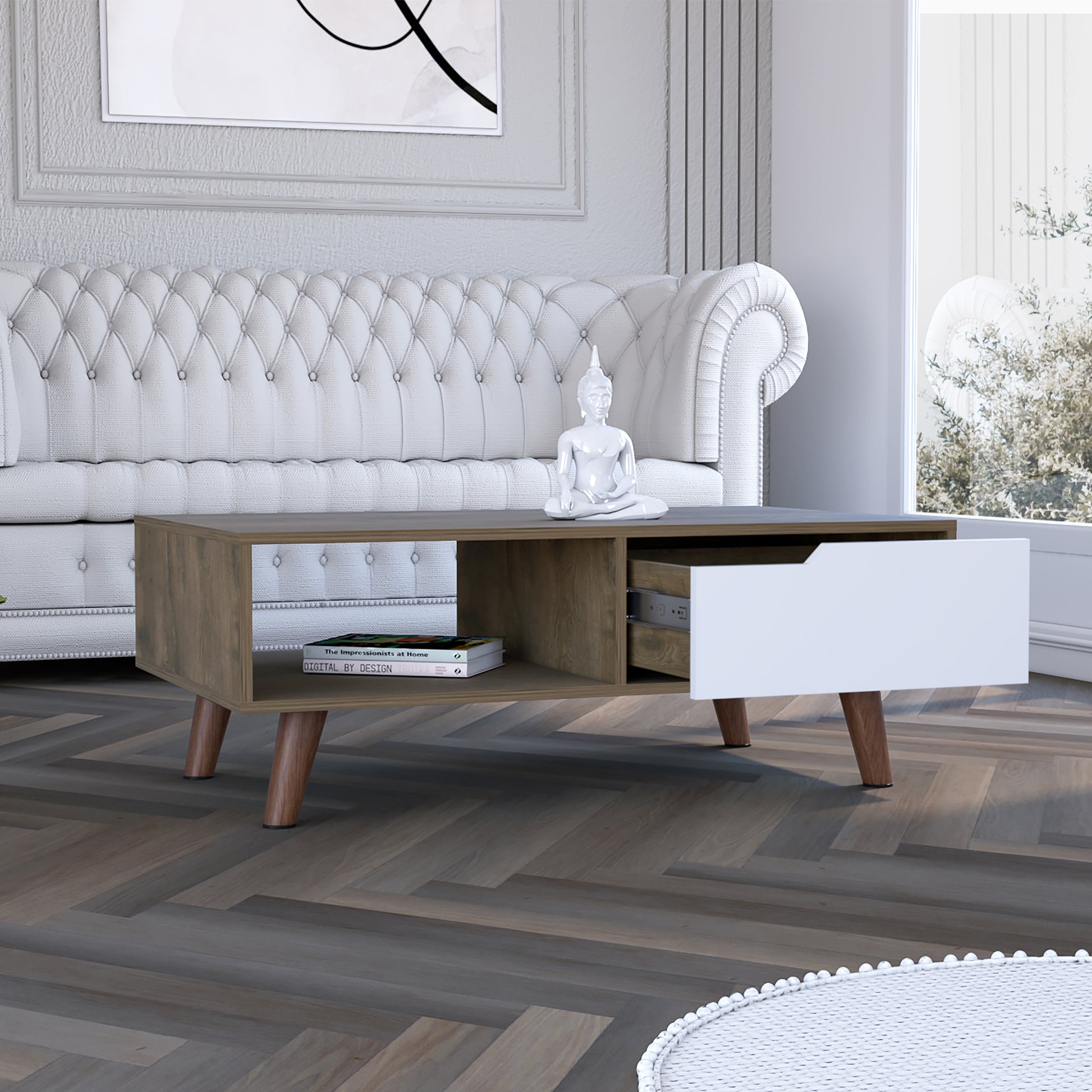Wood tone coffee table with white drawer and open shelf space