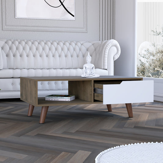 Wood tone coffee table with white drawer and open shelf space