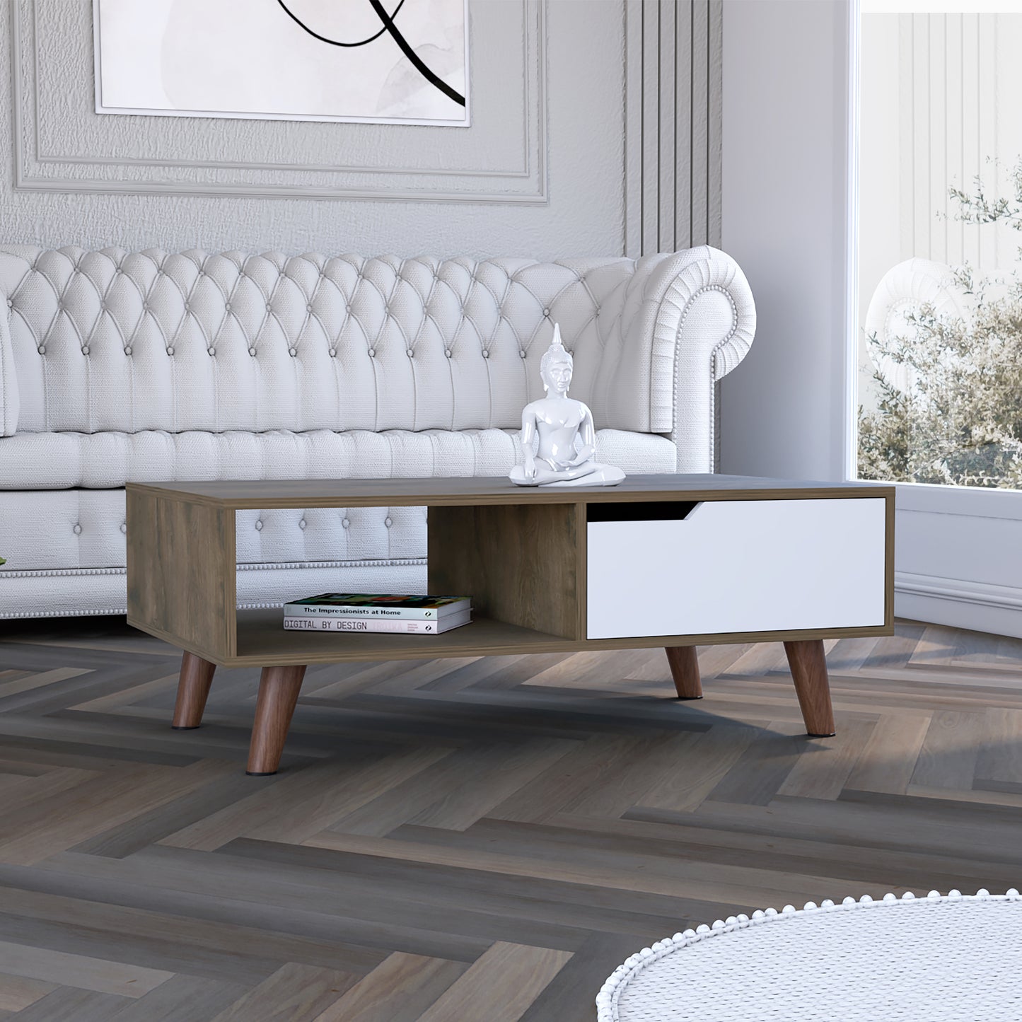 Modern wooden coffee table with white drawer and open shelf storage