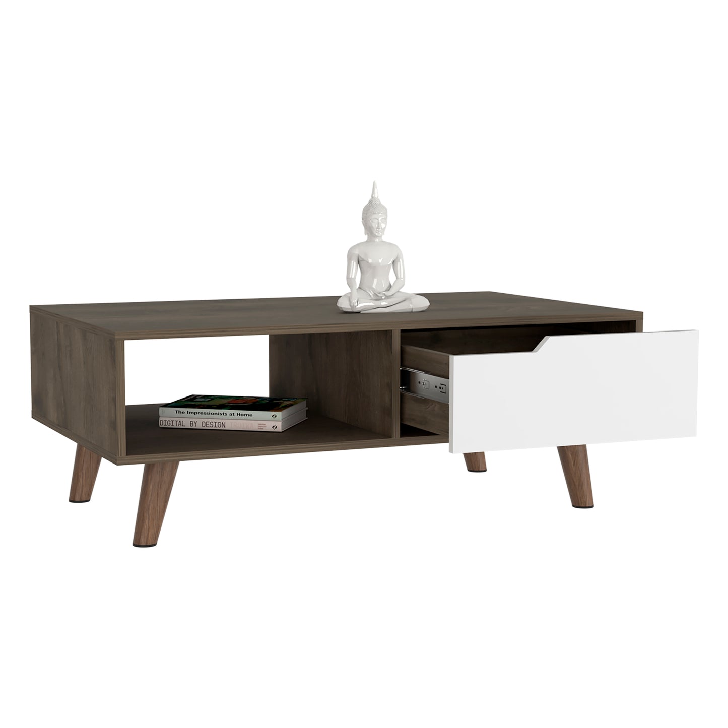 Modern oak veneer coffee table with open shelf and white drawer