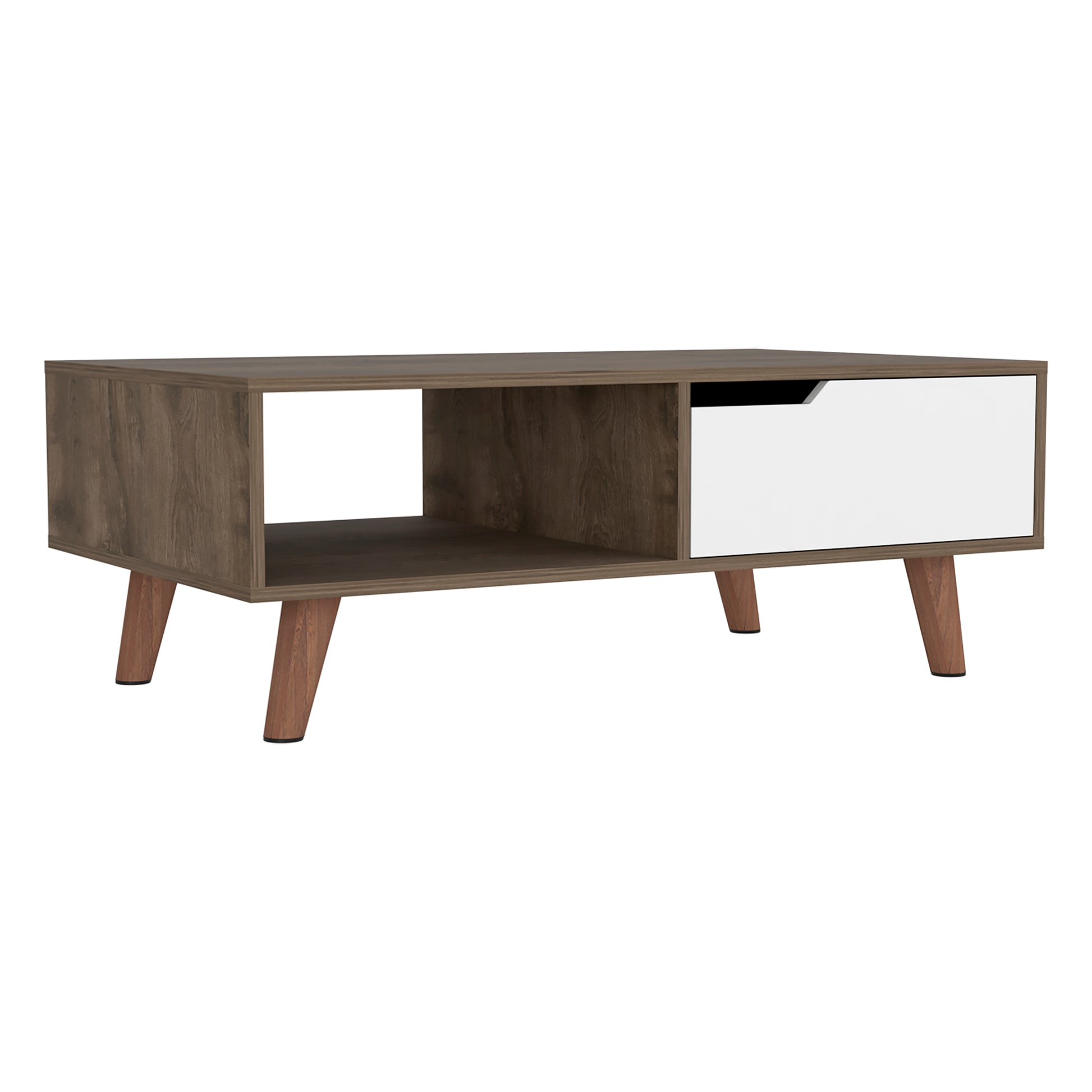 Walnut effect coffee table with white drawer and tapered wooden legs