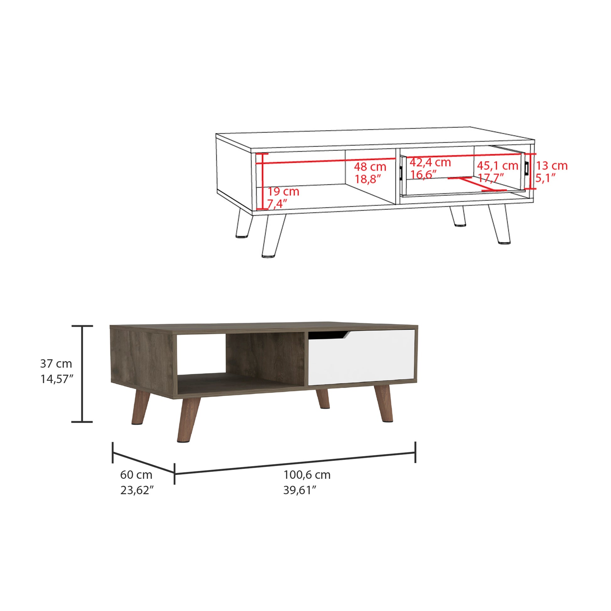 Modern coffee table with dark wood grain finish and white drawer ideal for living rooms