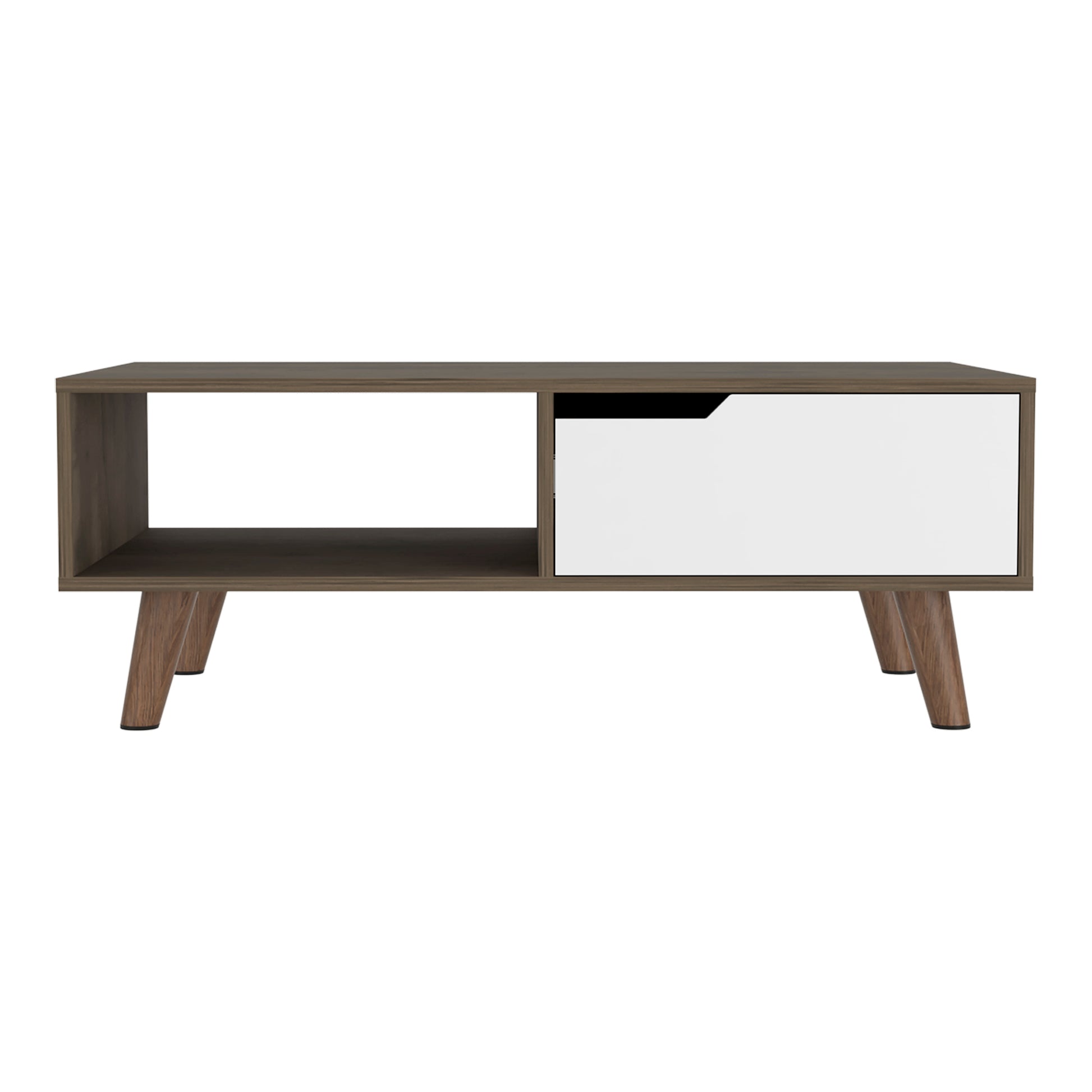 Midcentury modern coffee table with a dark wood grain finish and a single white drawer