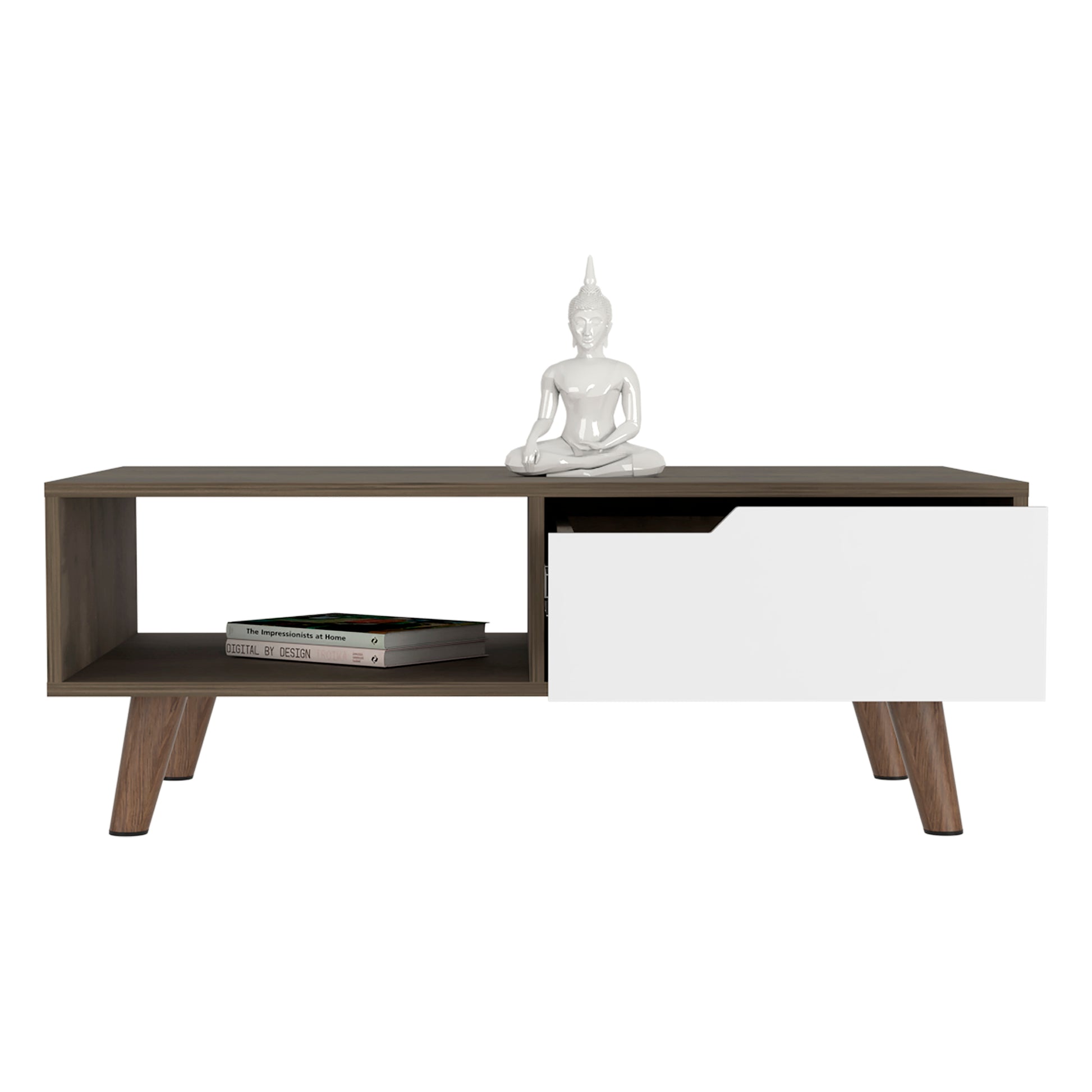 Modern coffee table with a brown woodgrain finish and a white drawer