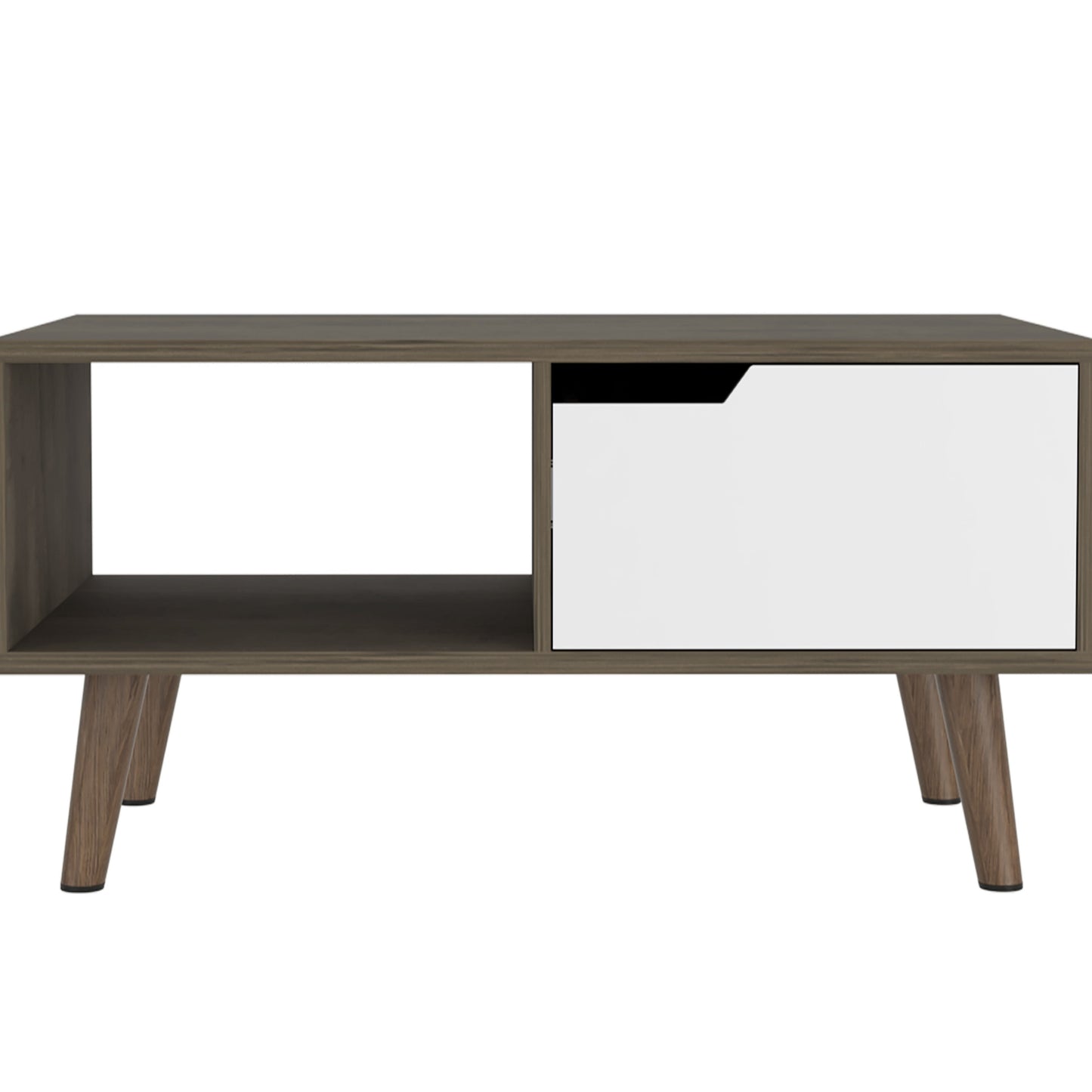 Modern oak effect coffee table with a white drawer front and open shelf perfect for living rooms