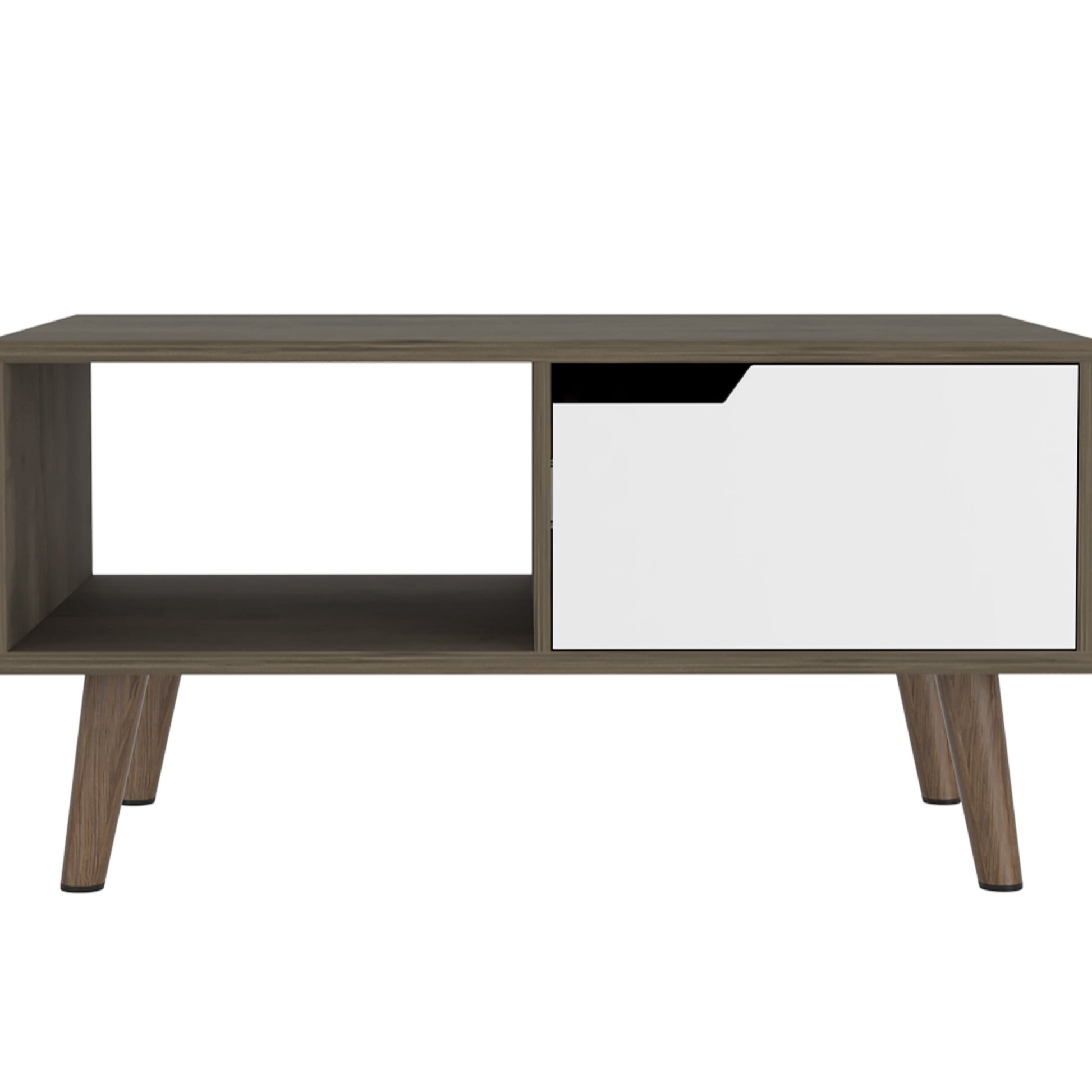 Modern oak effect coffee table with a white drawer front and open shelf perfect for living rooms