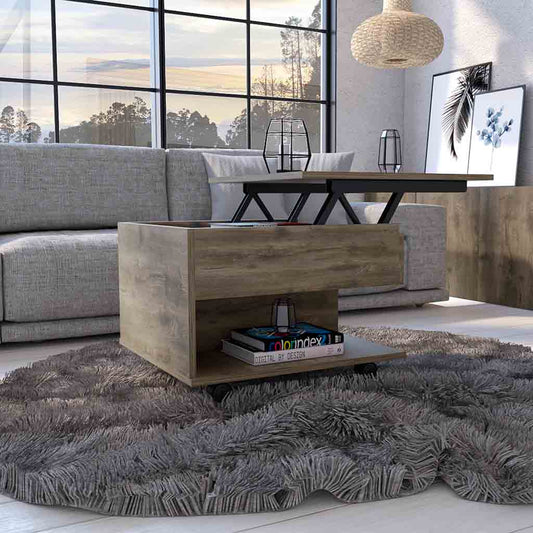 Rustic oak lifttop coffee table with hidden storage and modern black metal accents