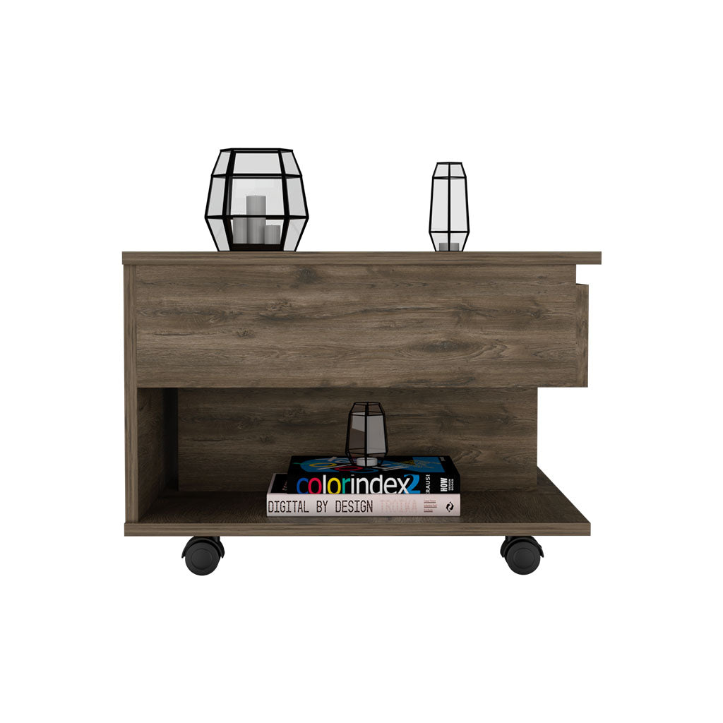 Rustic brown wood bedside table with drawer and open shelf on casters