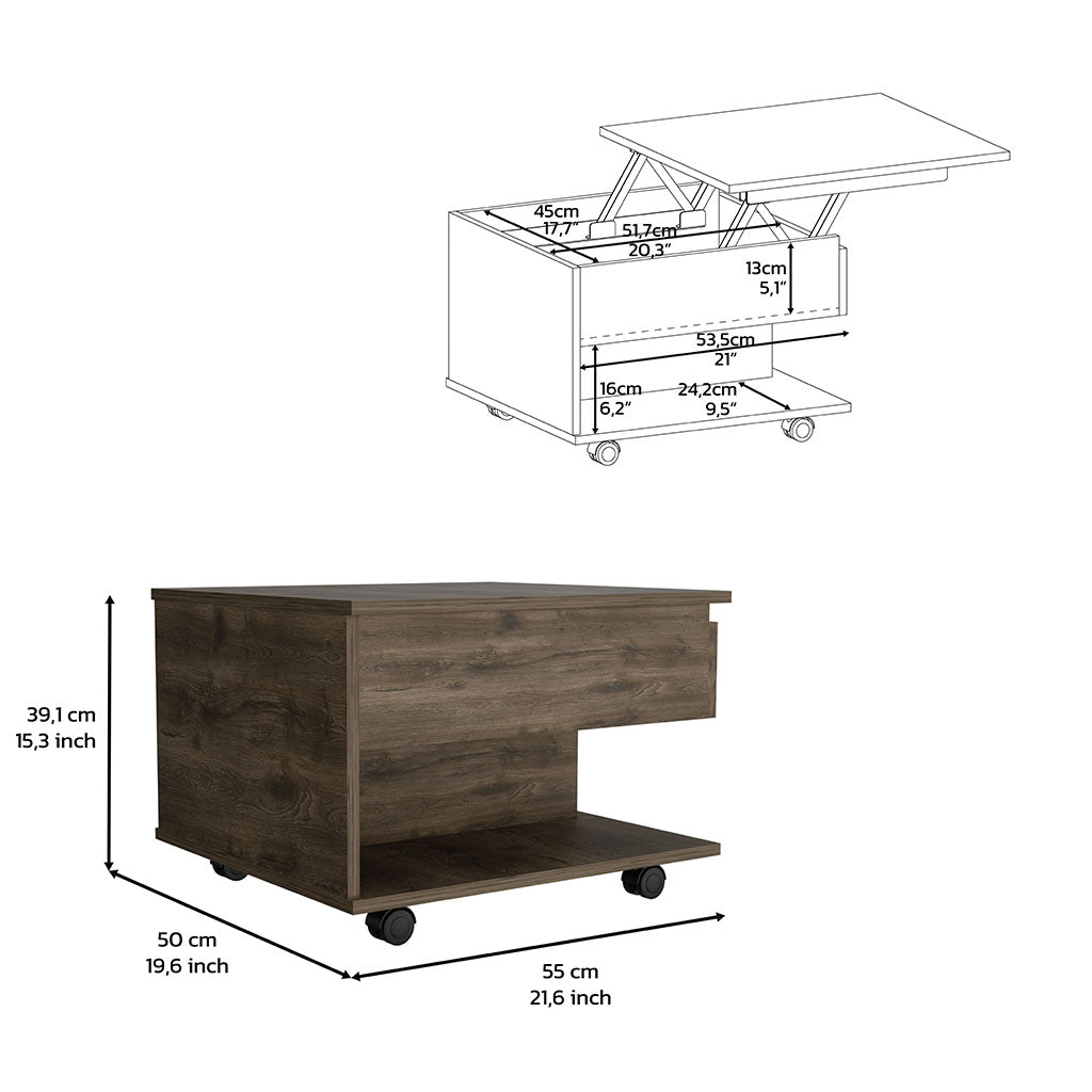 Lift top coffee table in dark wood finish with hidden storage and wheels