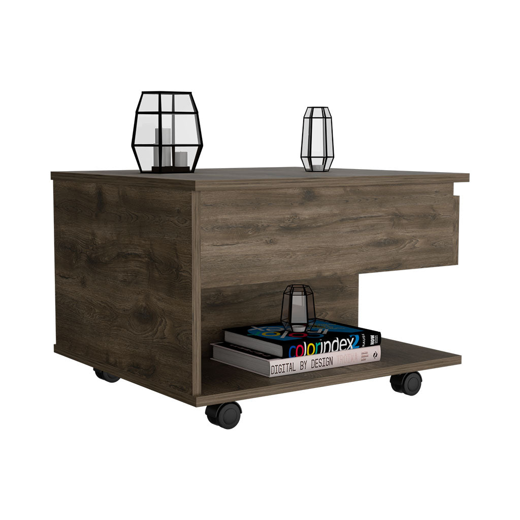 Dark oak modern coffee table with open shelf and wheels
