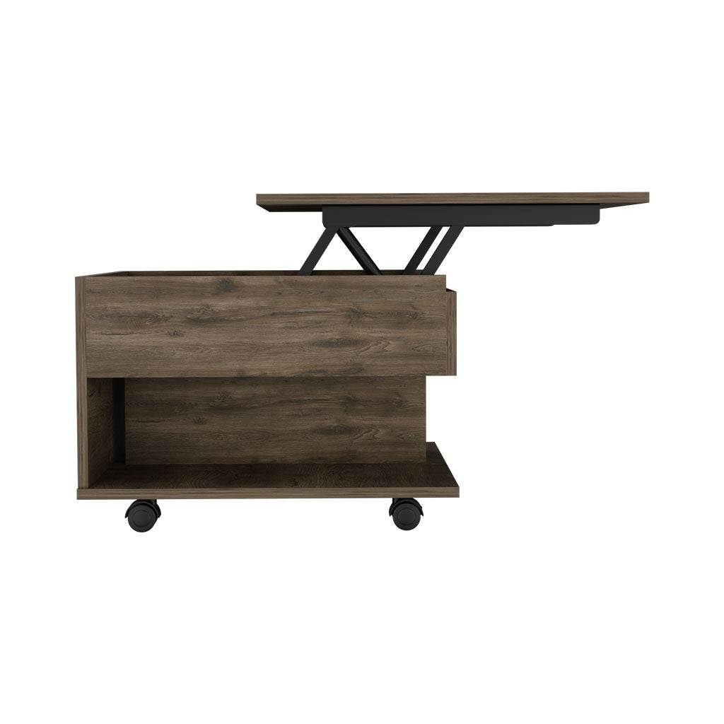 Lift top coffee table with rustic wood finish and hidden storage on wheels