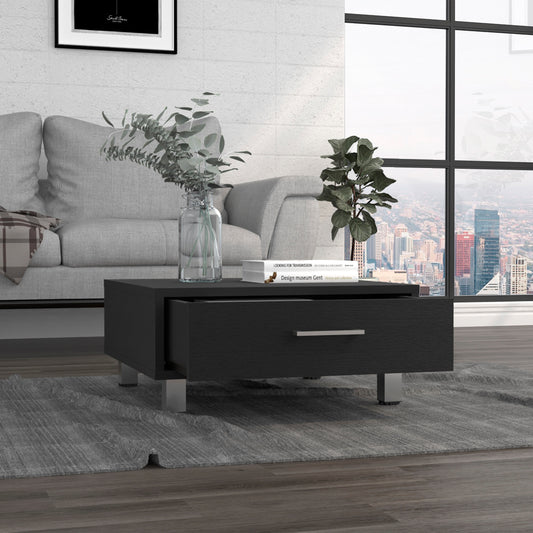 Modern black coffee table with silver hardware and one open drawer