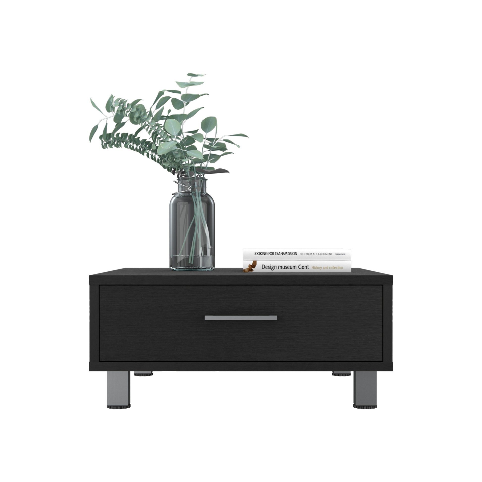 Black wood grain nightstand with silver drawer pull and metal legs