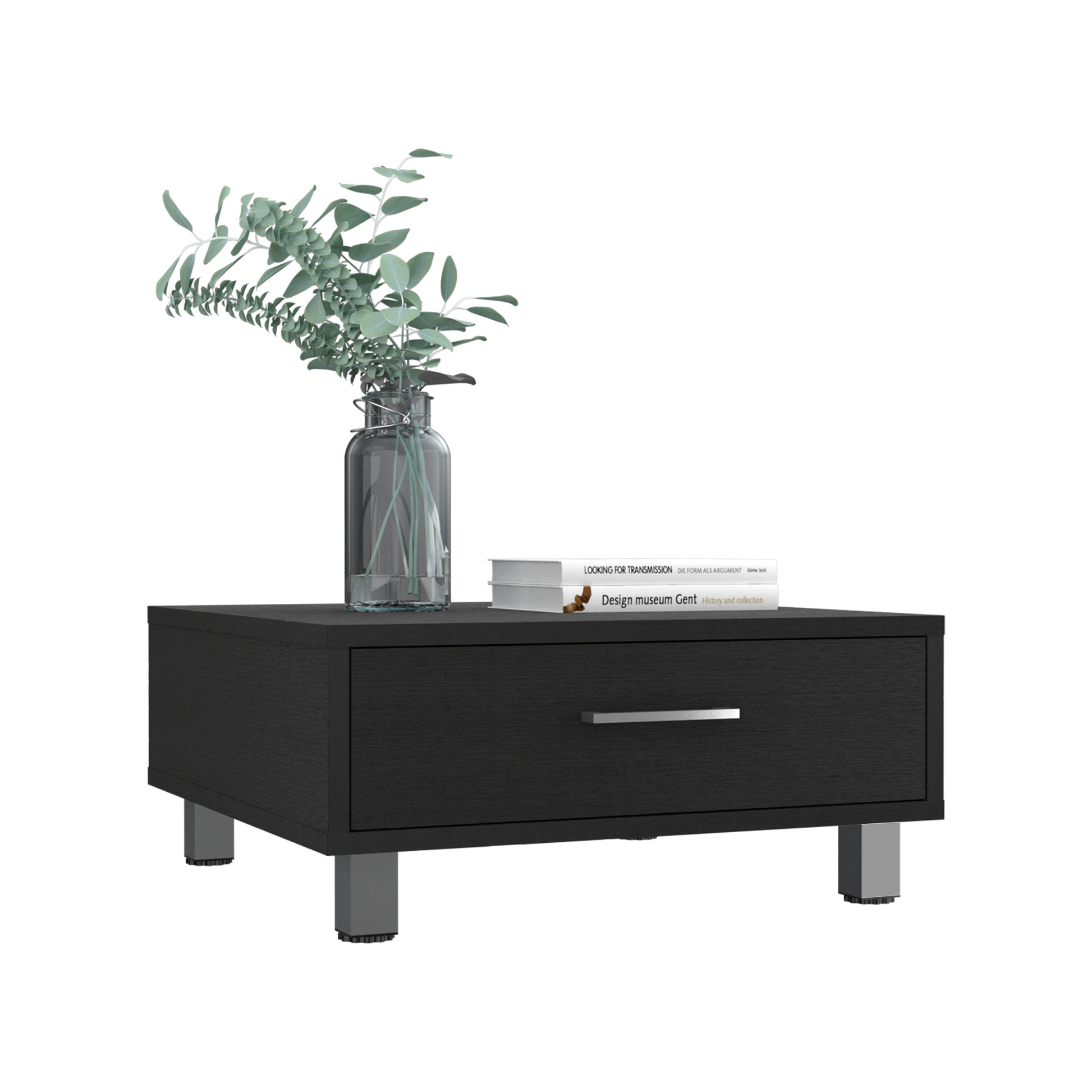 Black wood grain nightstand with one drawer and silver handle