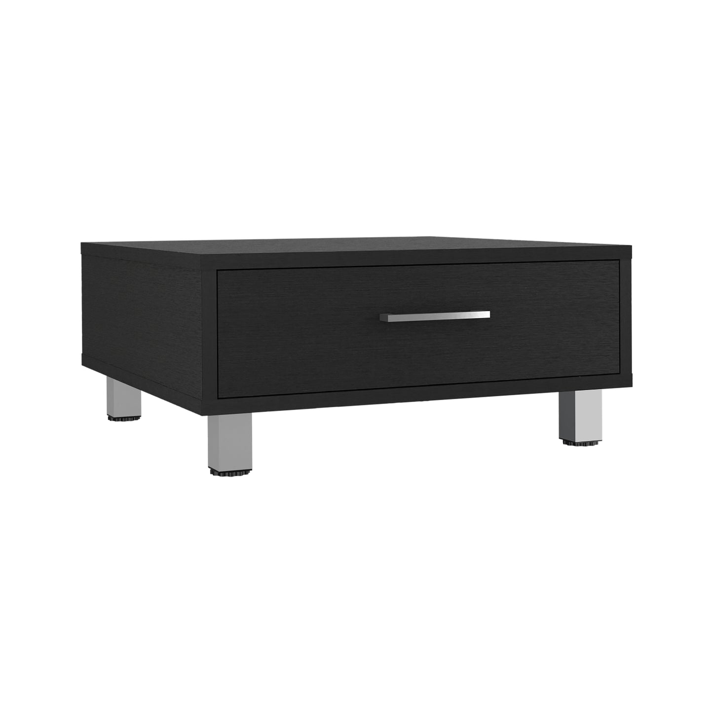 Black wood grain nightstand with one drawer and silver metal legs