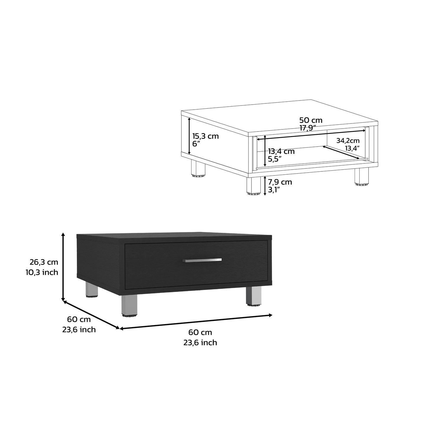 Black bedside table with silver handle dimensions xx cm