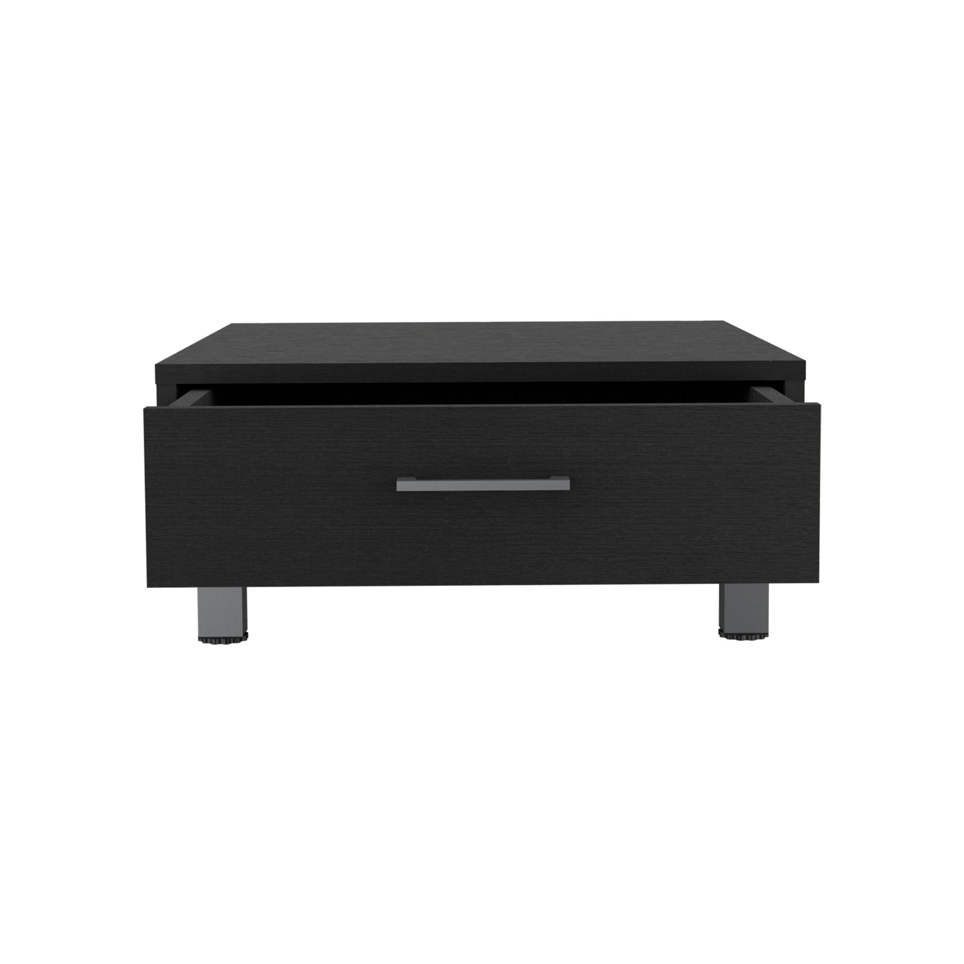 Black wood grain nightstand with open drawer and silver handle on adjustable metal legs