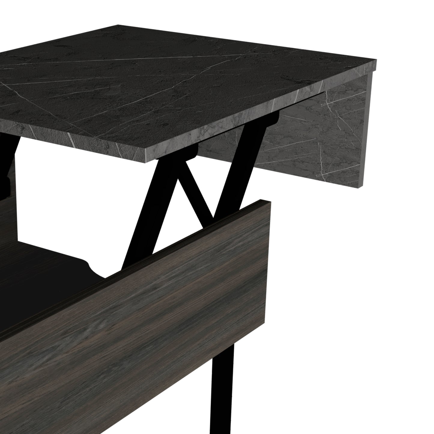 Modern lift top coffee table with dark marble and wood finish