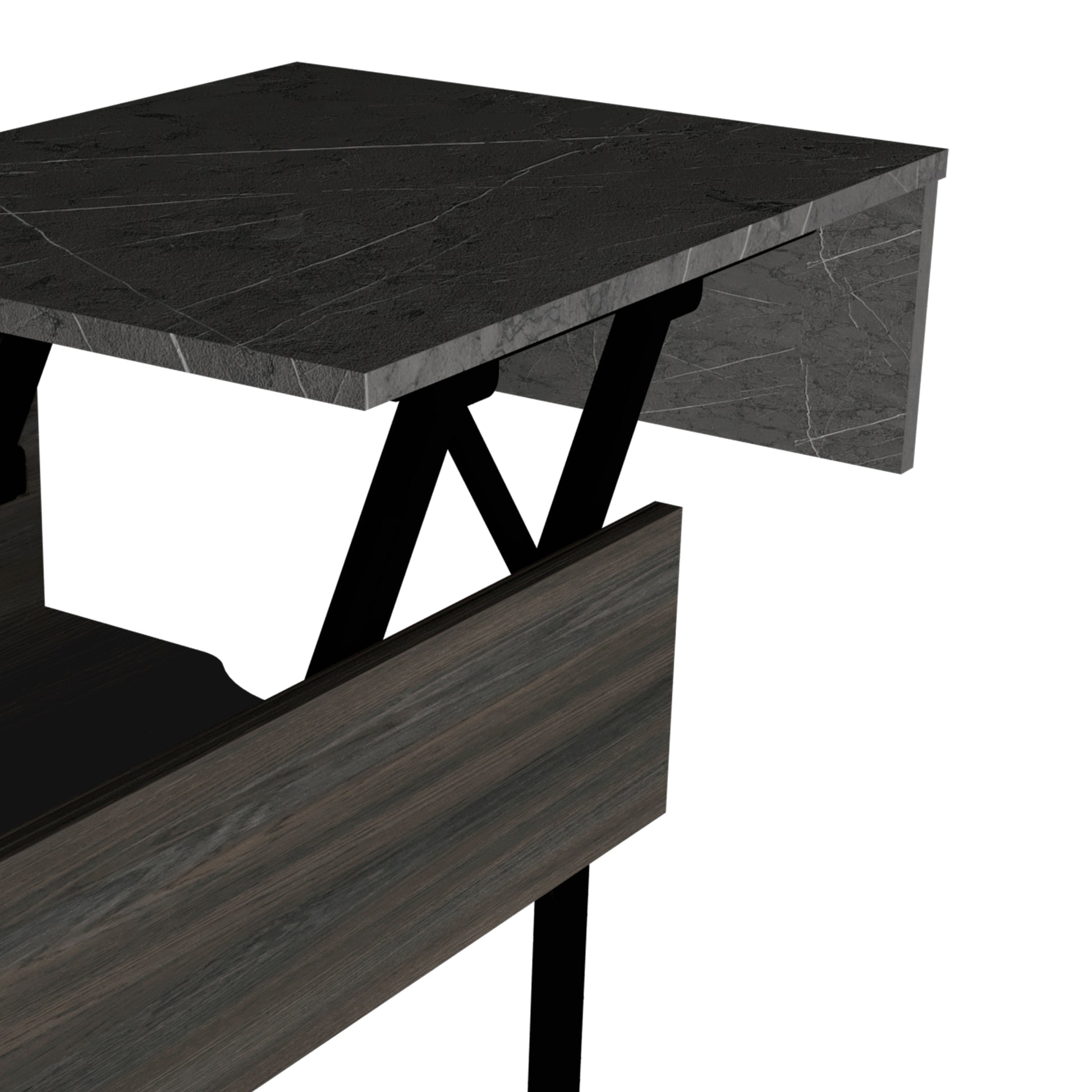 Modern lift top coffee table with dark marble and wood finish