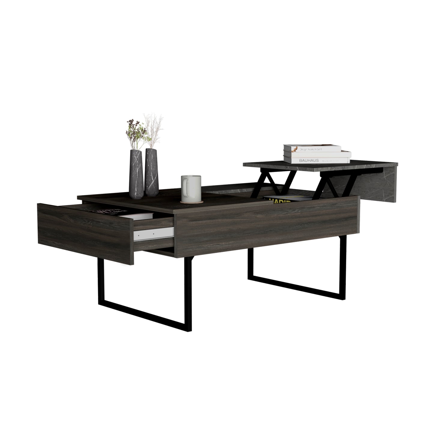Dark wood lifttop coffee table with two drawers and a marbleeffect accent top perfect for modern living rooms