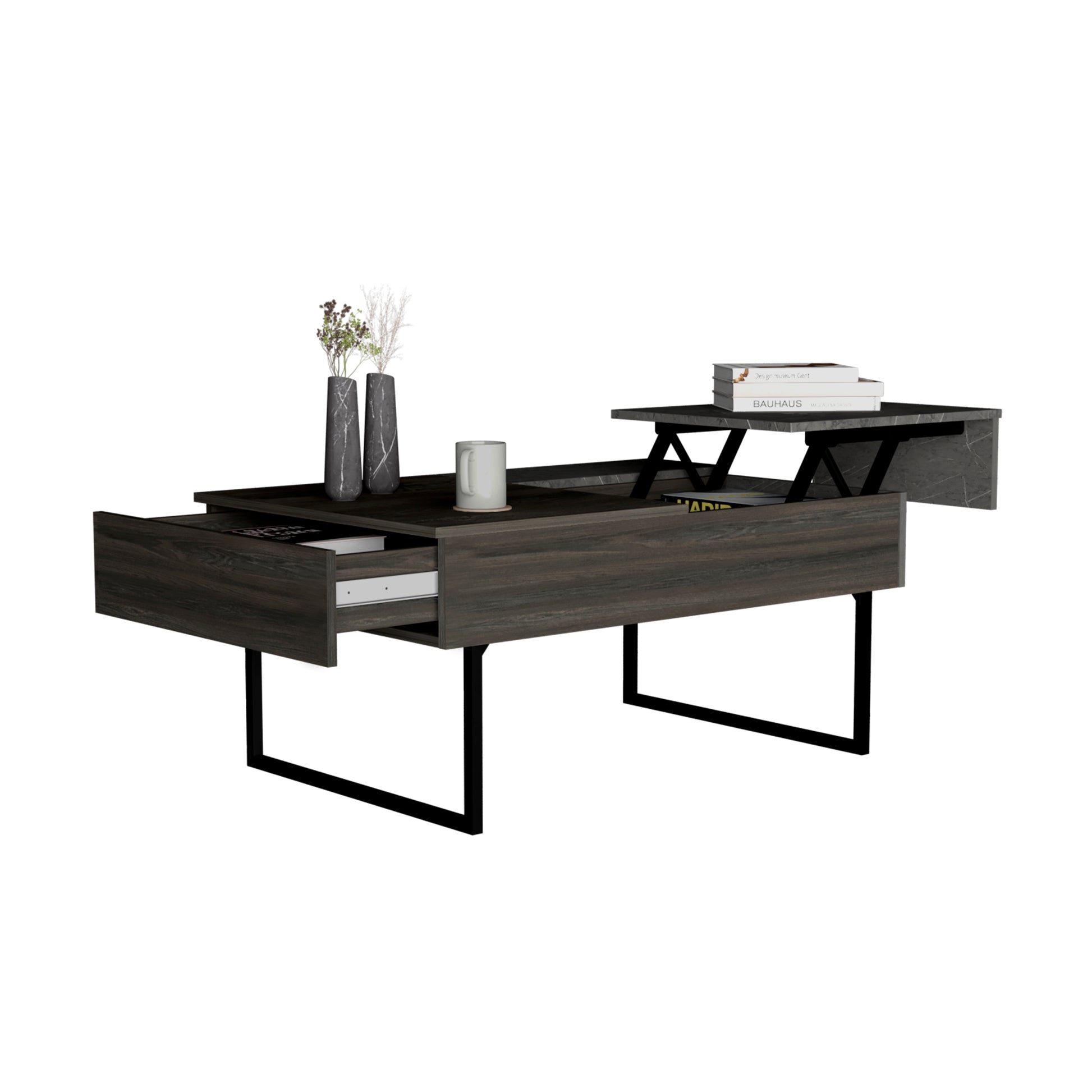 Dark wood lifttop coffee table with two drawers and a marbleeffect accent top perfect for modern living rooms