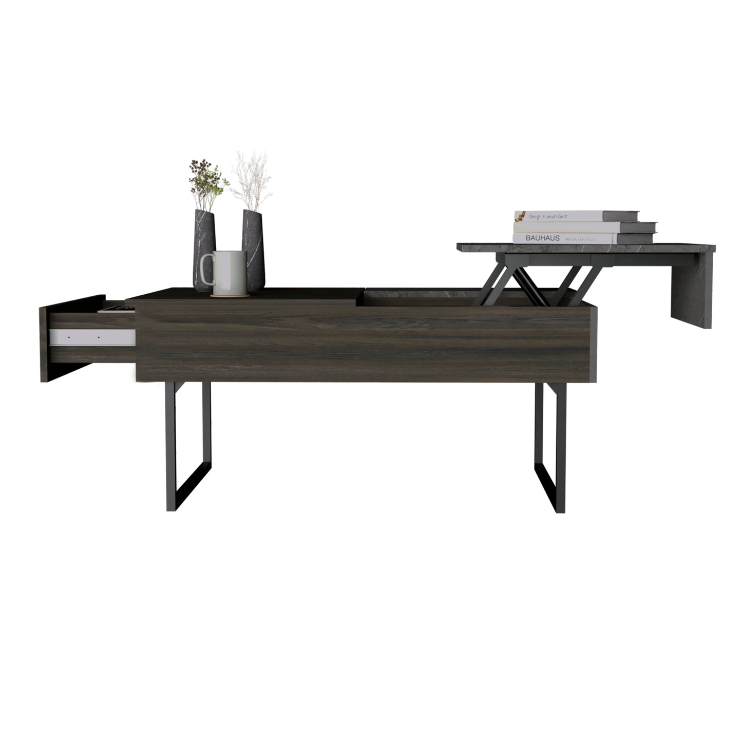 Modern lifttop coffee table in dark wood grain with metal legs and storage drawer