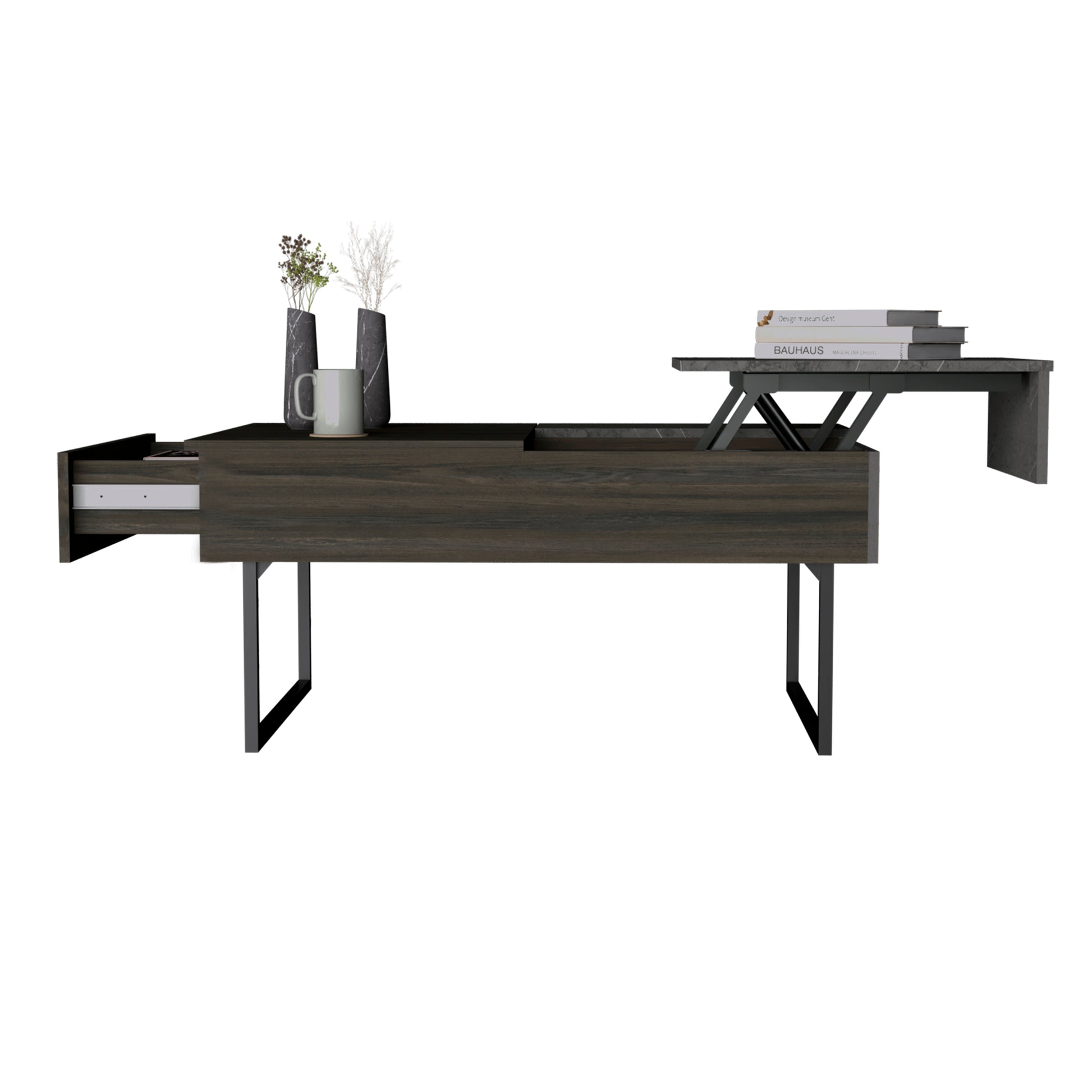 Modern lifttop coffee table in dark wood grain with metal legs and storage drawer