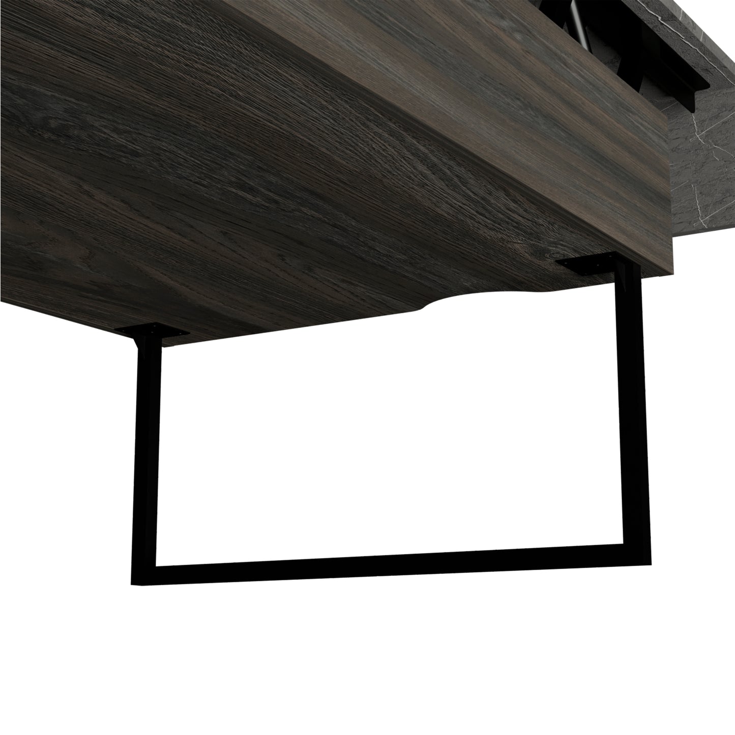 Dark wood veneer table top with black metal leg detail