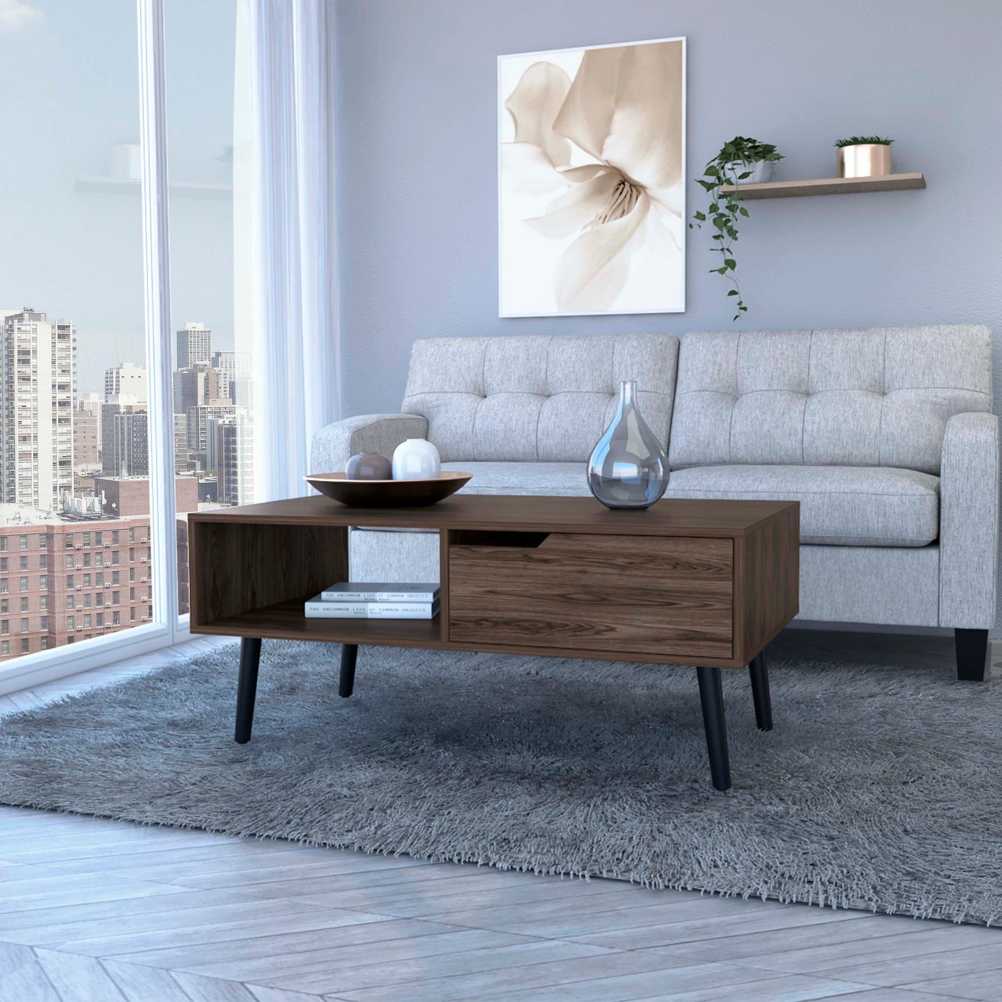 Midcentury modern dark wood coffee table with open shelf and drawer