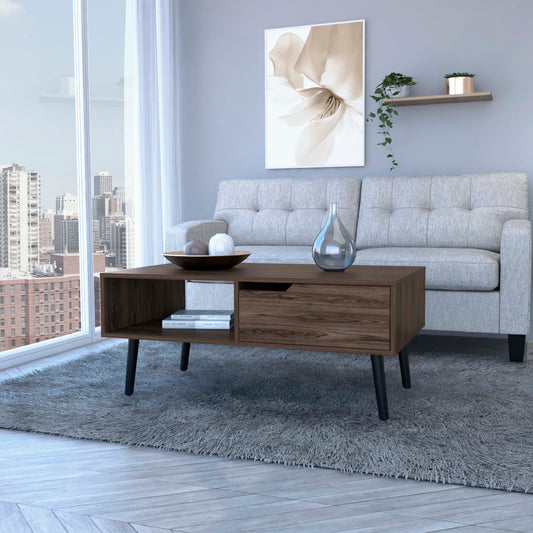 Midcentury modern dark wood coffee table with open shelf and drawer