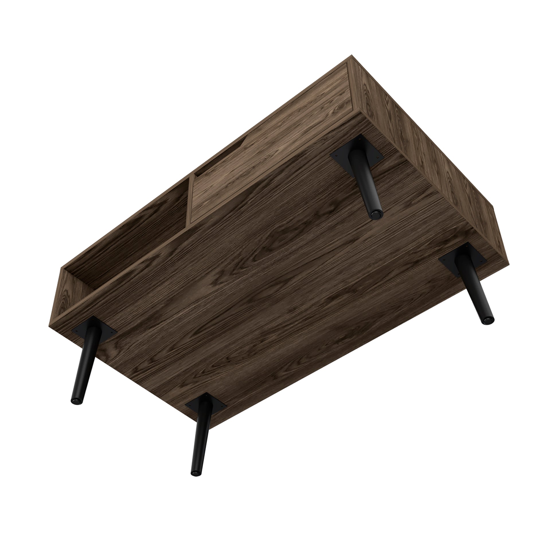 Dark wood coffee table with contemporary design and black metal legs