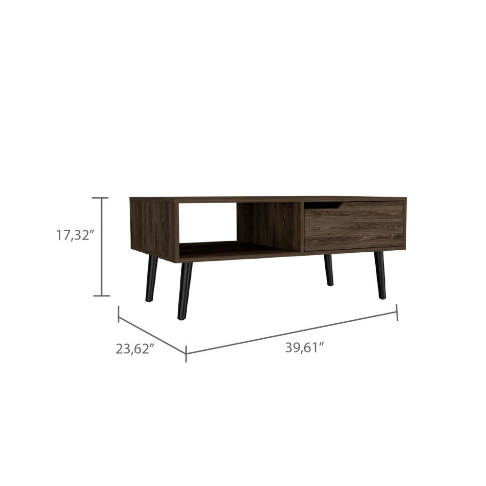 Modern dark wood coffee table with one drawer and open shelf