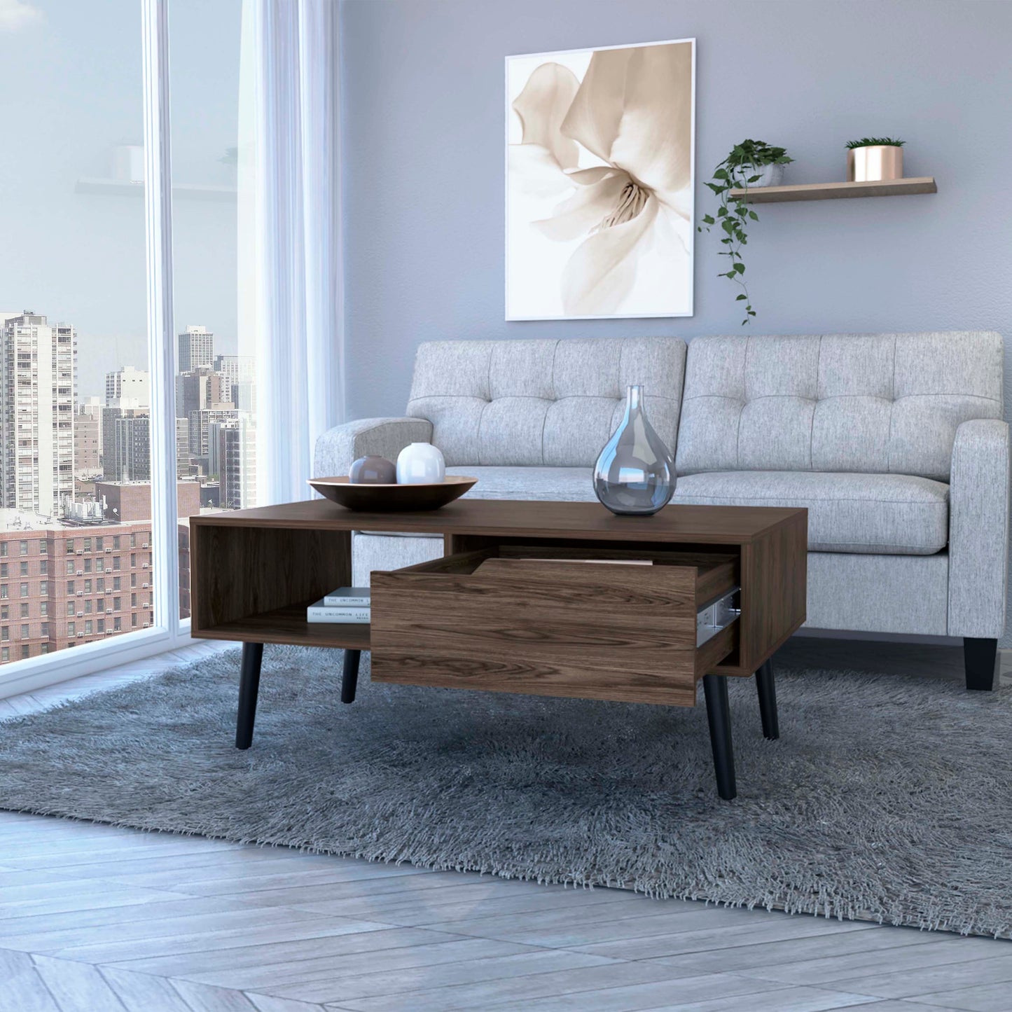 Midcentury modern walnut coffee table with drawer and open shelving for living room