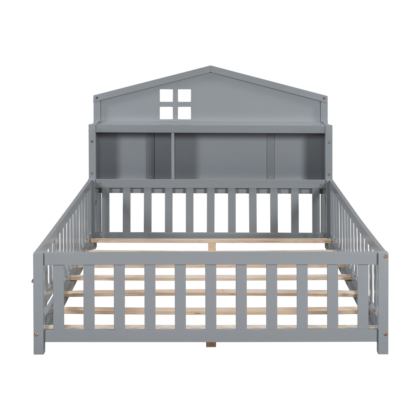 Gray wooden house bed frame with slatted sides and headboard
